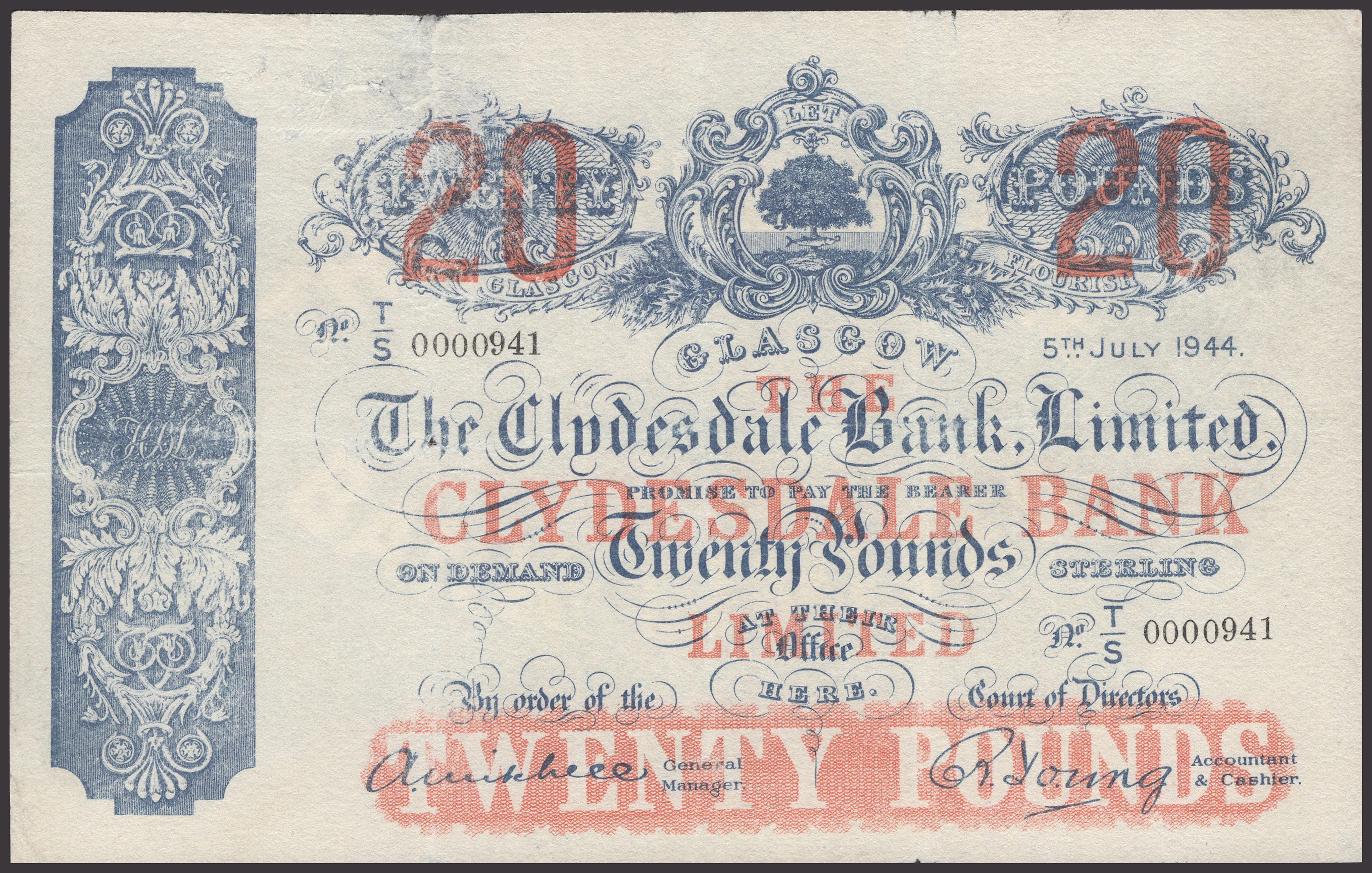 Clydesdale Bank Limited, £20, 5 July 1944, serial number T/S 0000941