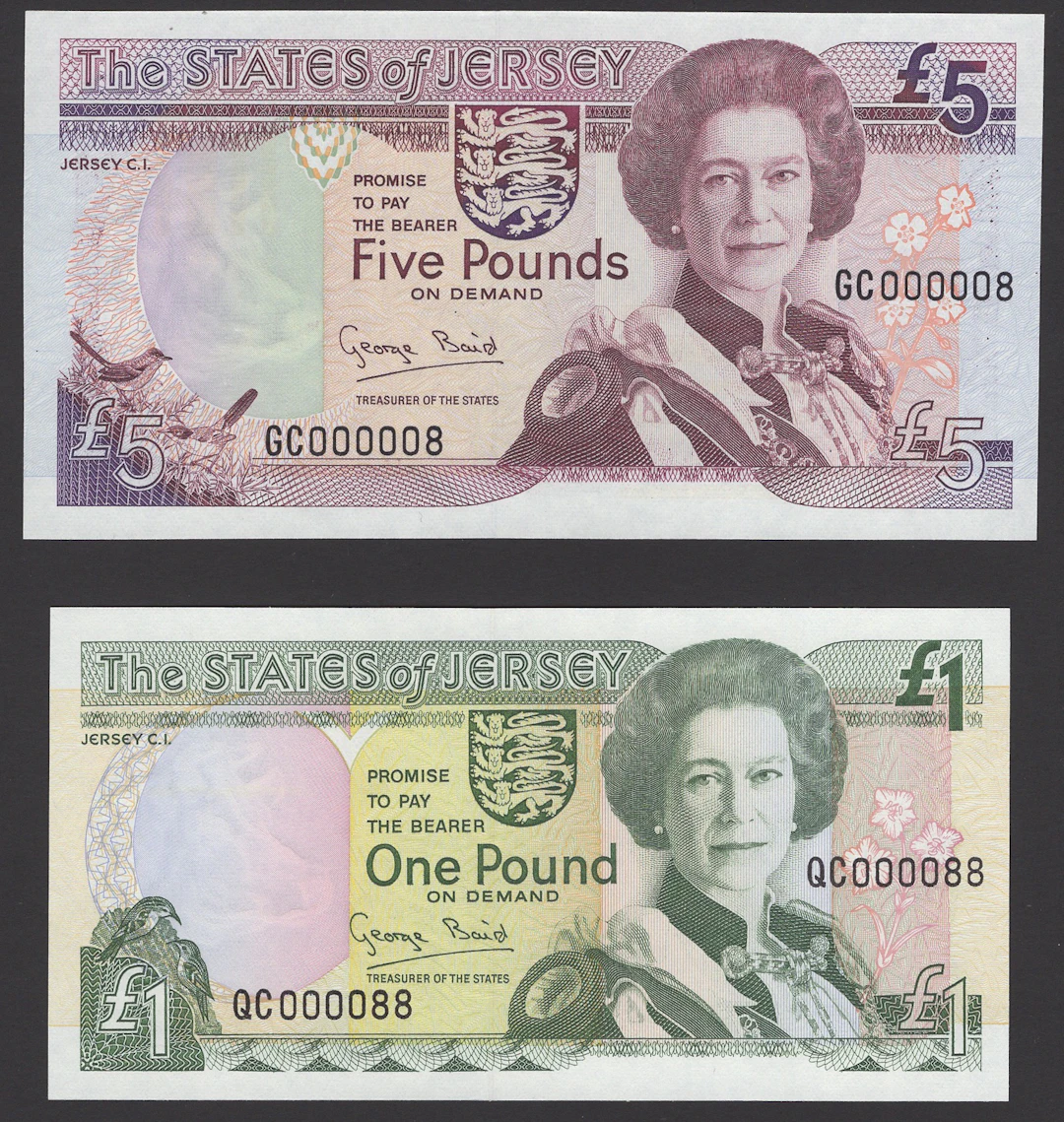 States of Jersey, £1, 1993, serial number QC000008, and £5, serial
