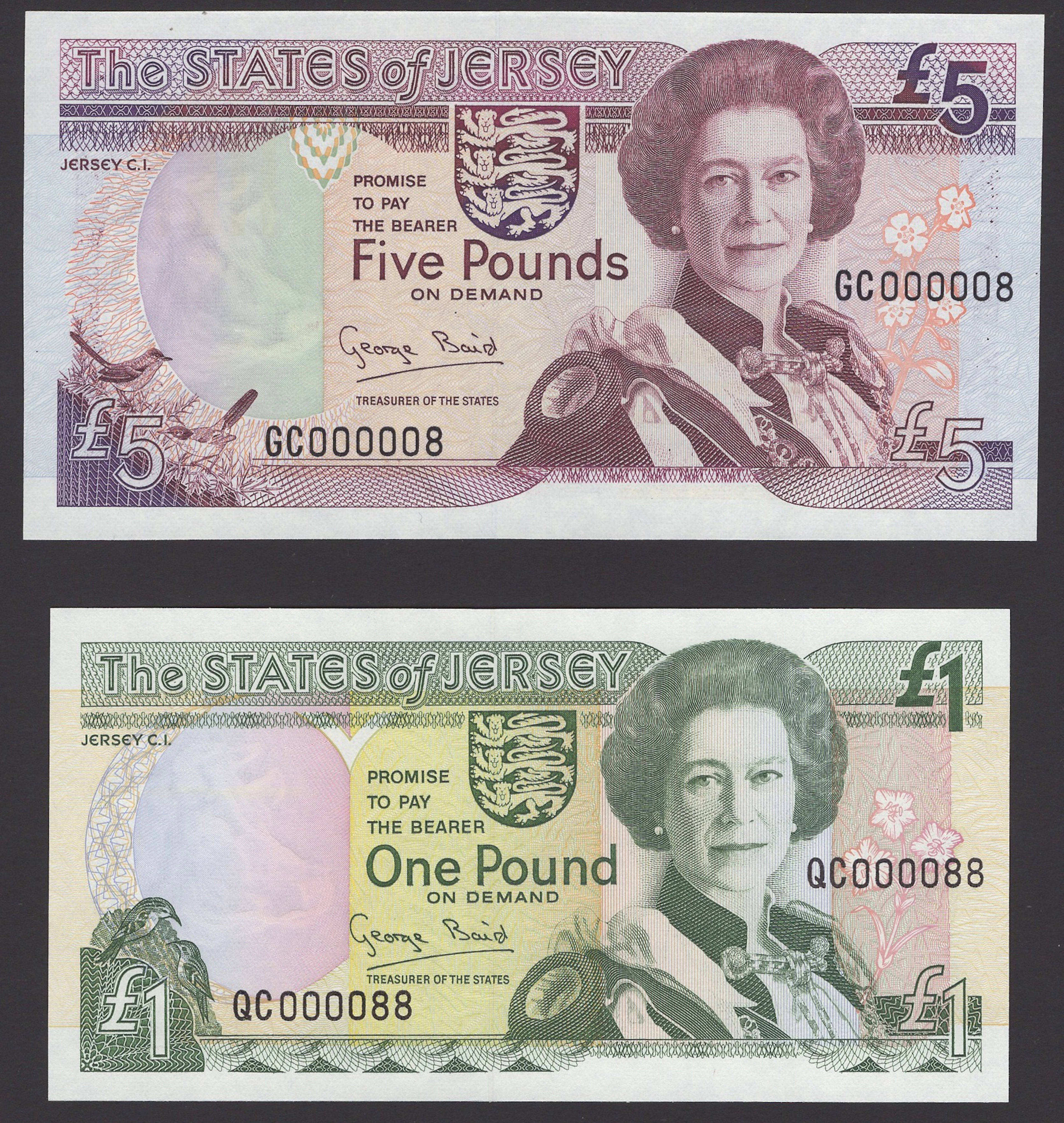 States of Jersey, £1, 1993, serial number QC000008, and £5, serial