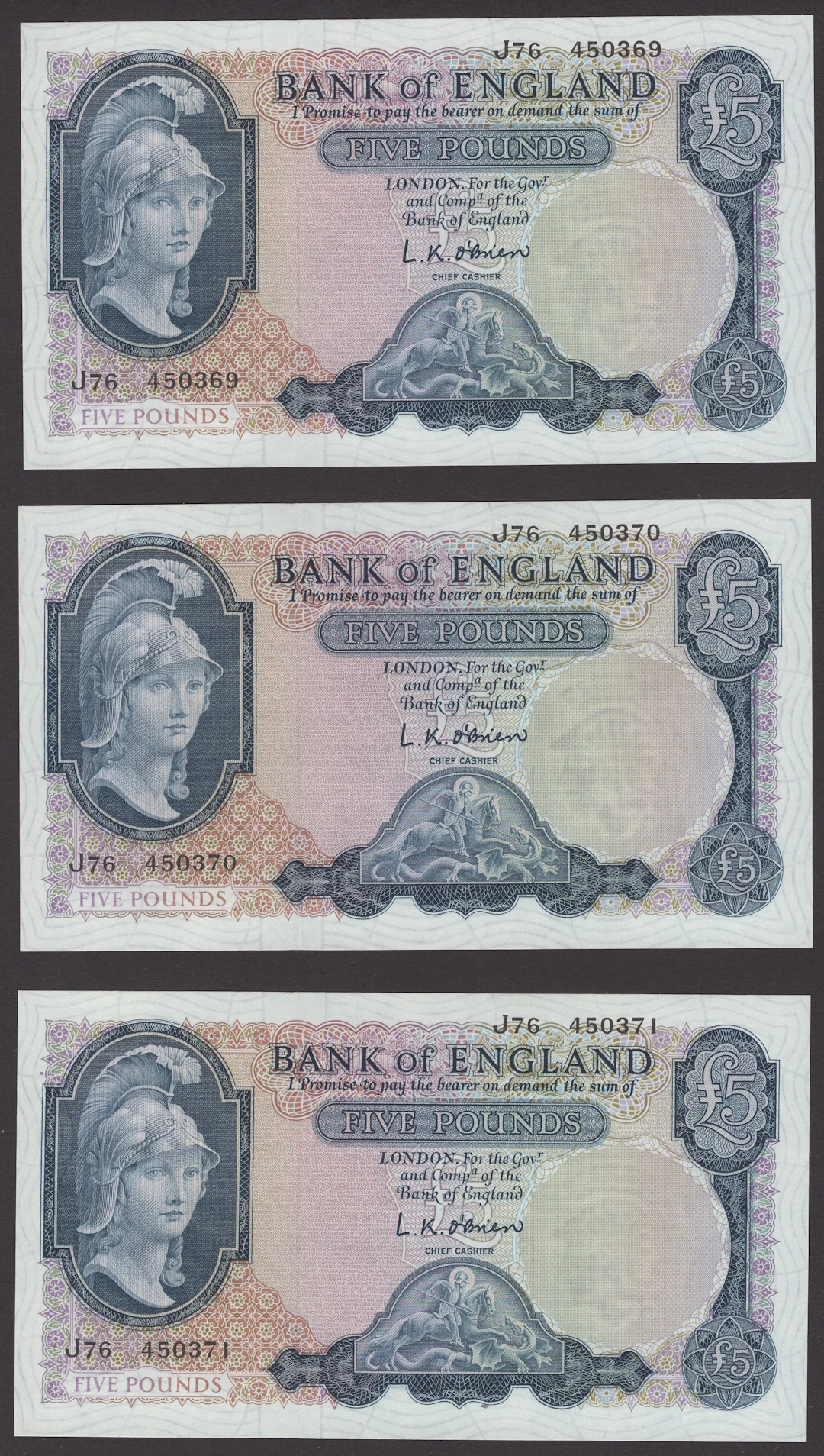 Bank of England, Leslie K. O’Brien, £5 (5), ND (1961), consecutive