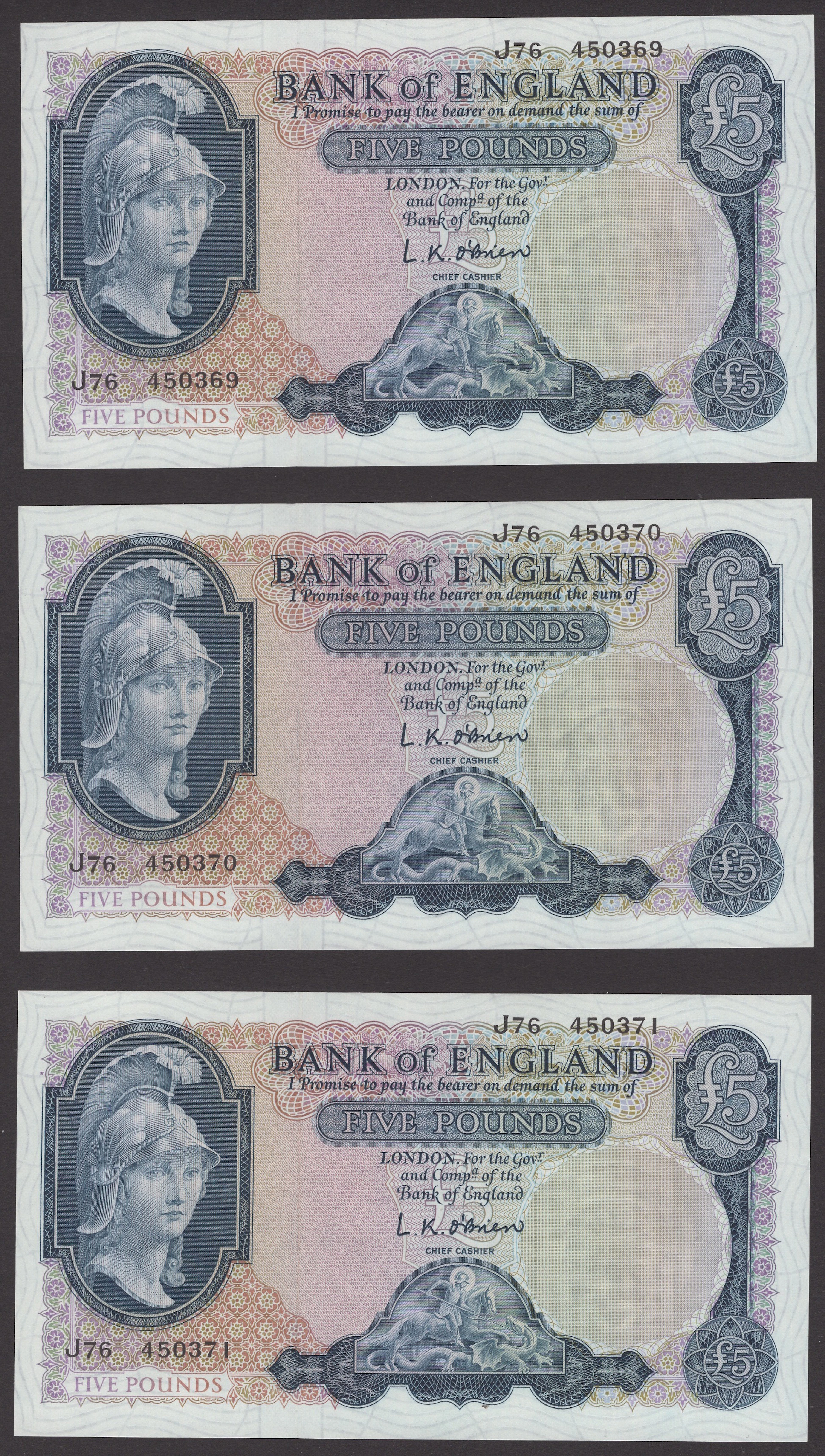 Bank of England, Leslie K. O’Brien, £5 (5), ND (1961), consecutive