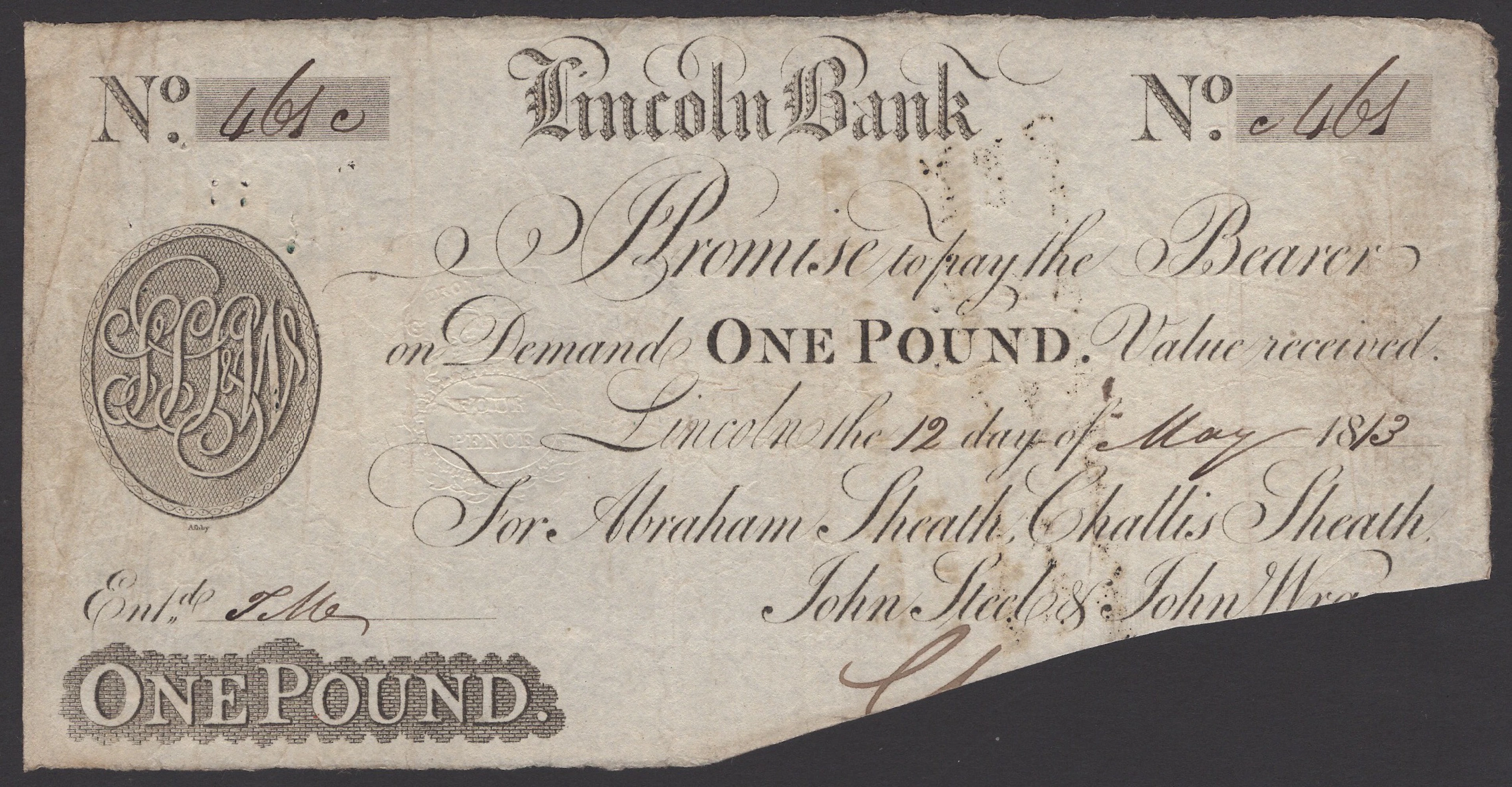 Lincoln Bank, for Abraham Sheath, Challis Sheath, John Steel & John