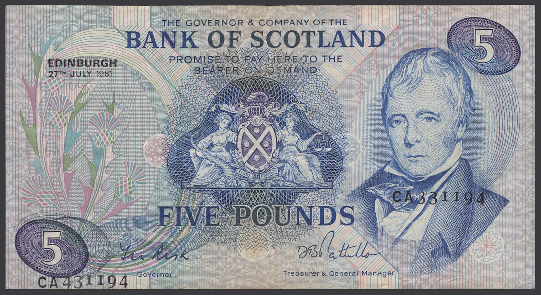 ERROR: Bank of Scotland, £5, 27 July 1981, with mismatched and misaligned