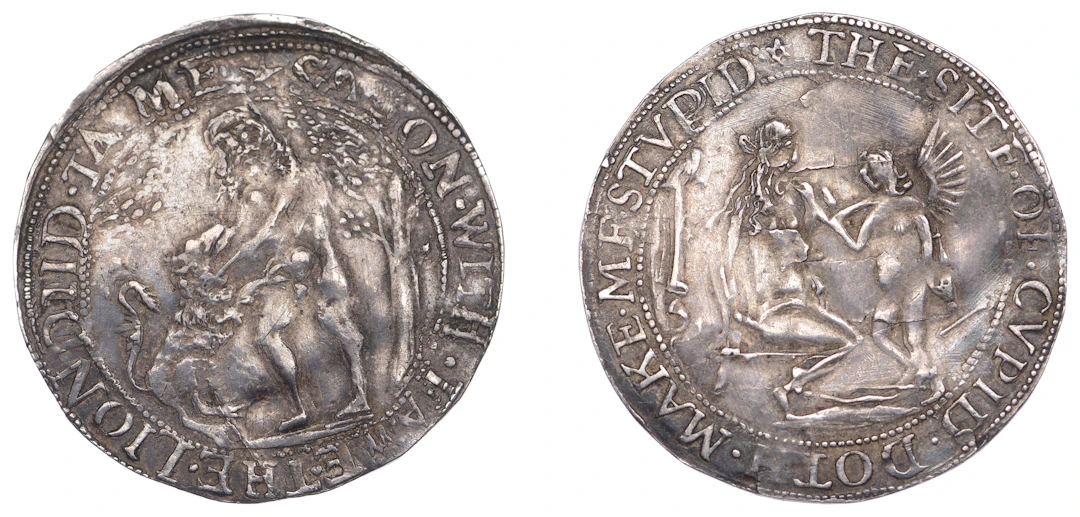 Samson and Delilah, c. 1600, a silver counter, samson with fame, the