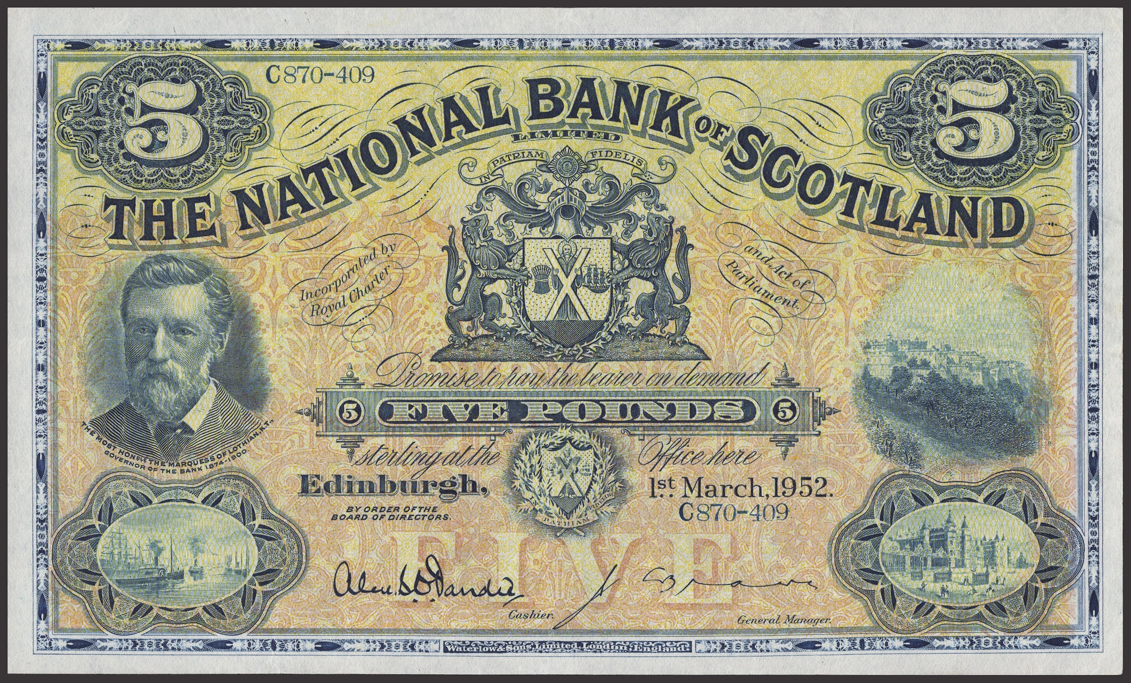 National Bank of Scotland Limited, £5 (2), 1 March 1952, serial number
