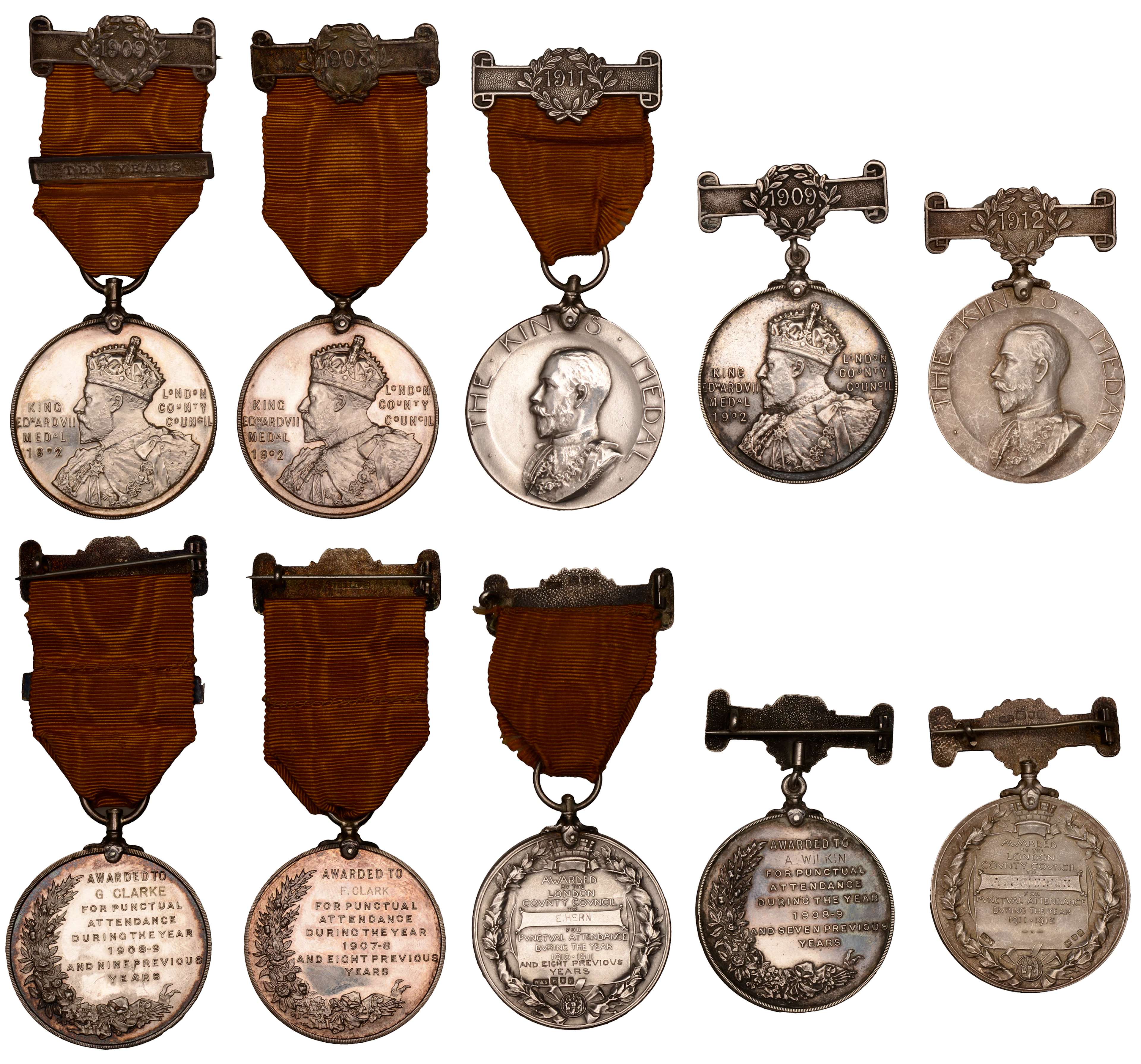 Great Britain, LONDON, County Council, silver attendance medals (5)
