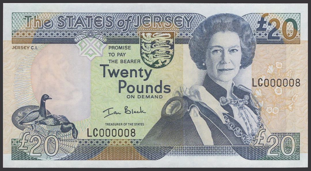 States of Jersey, £20, 1993, serial number LC000008, Black signature