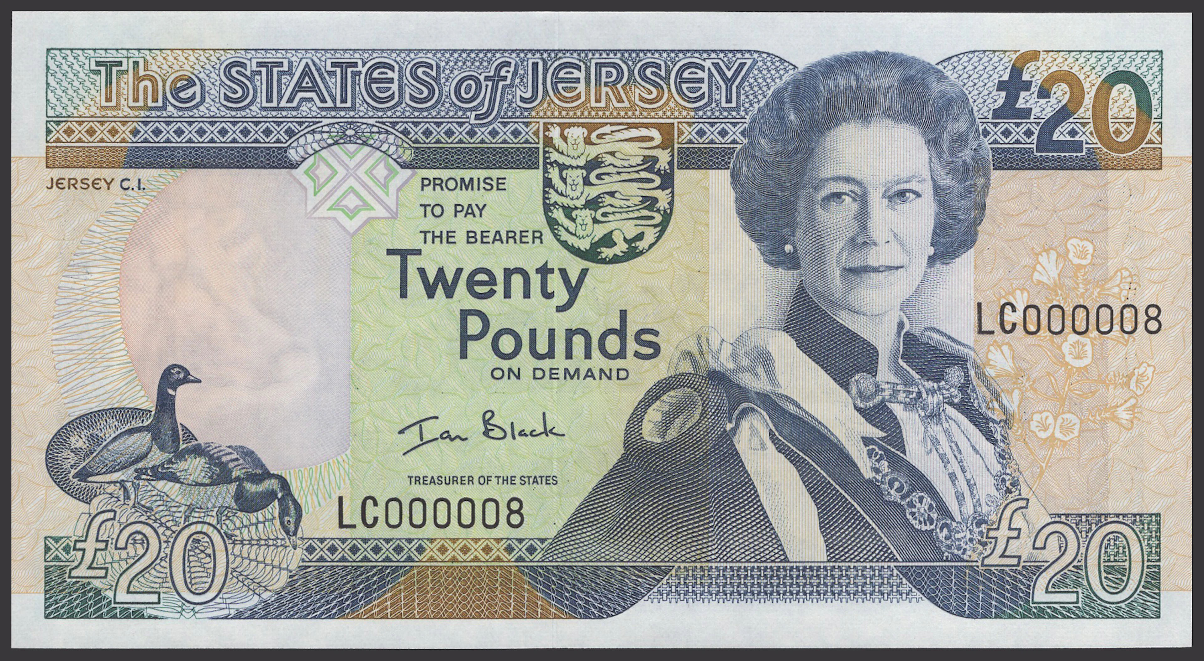 States of Jersey, £20, 1993, serial number LC000008, Black signature