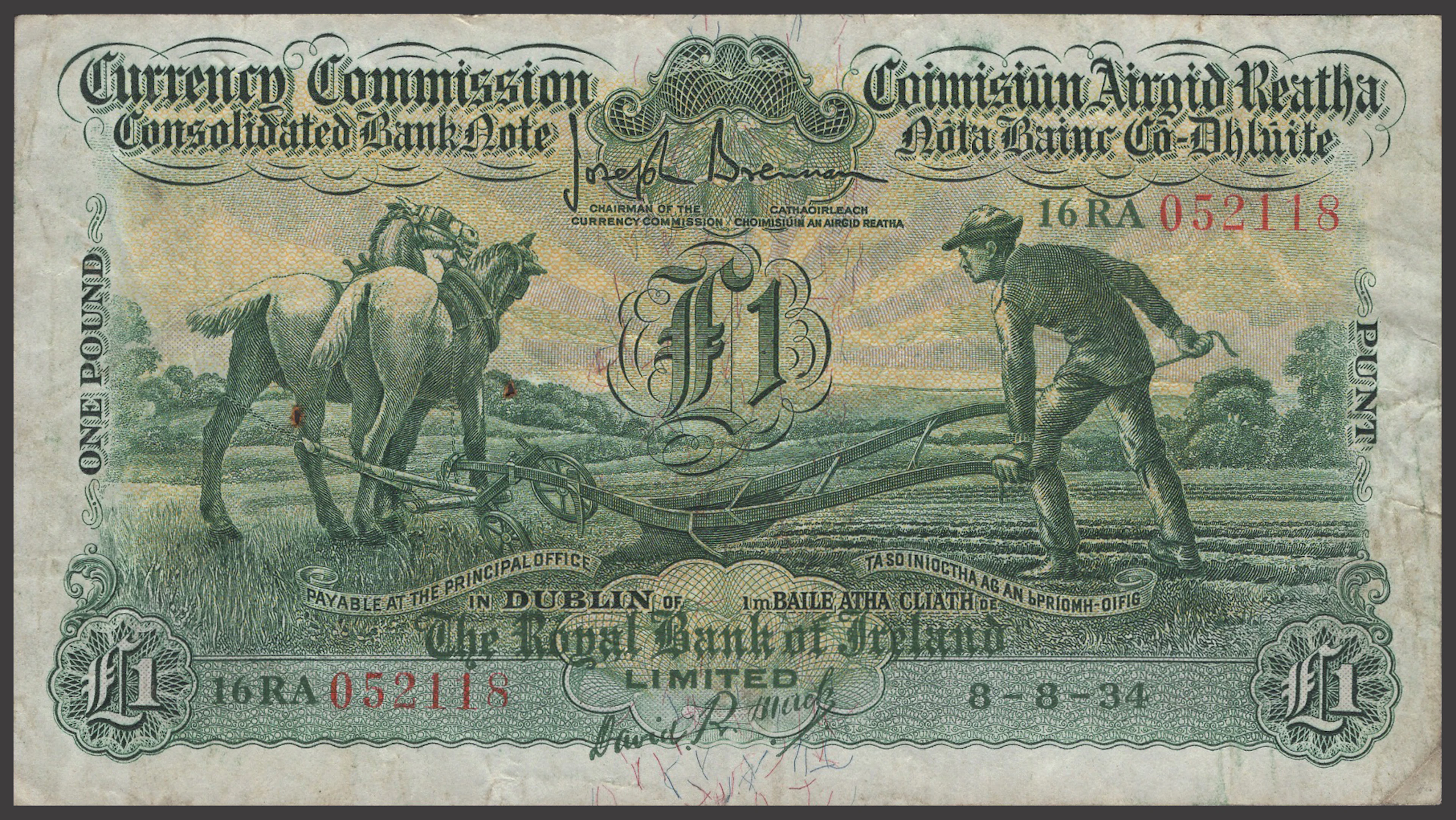 Currency Commission, Royal Bank of Ireland, £1, 8 August 1934, serial