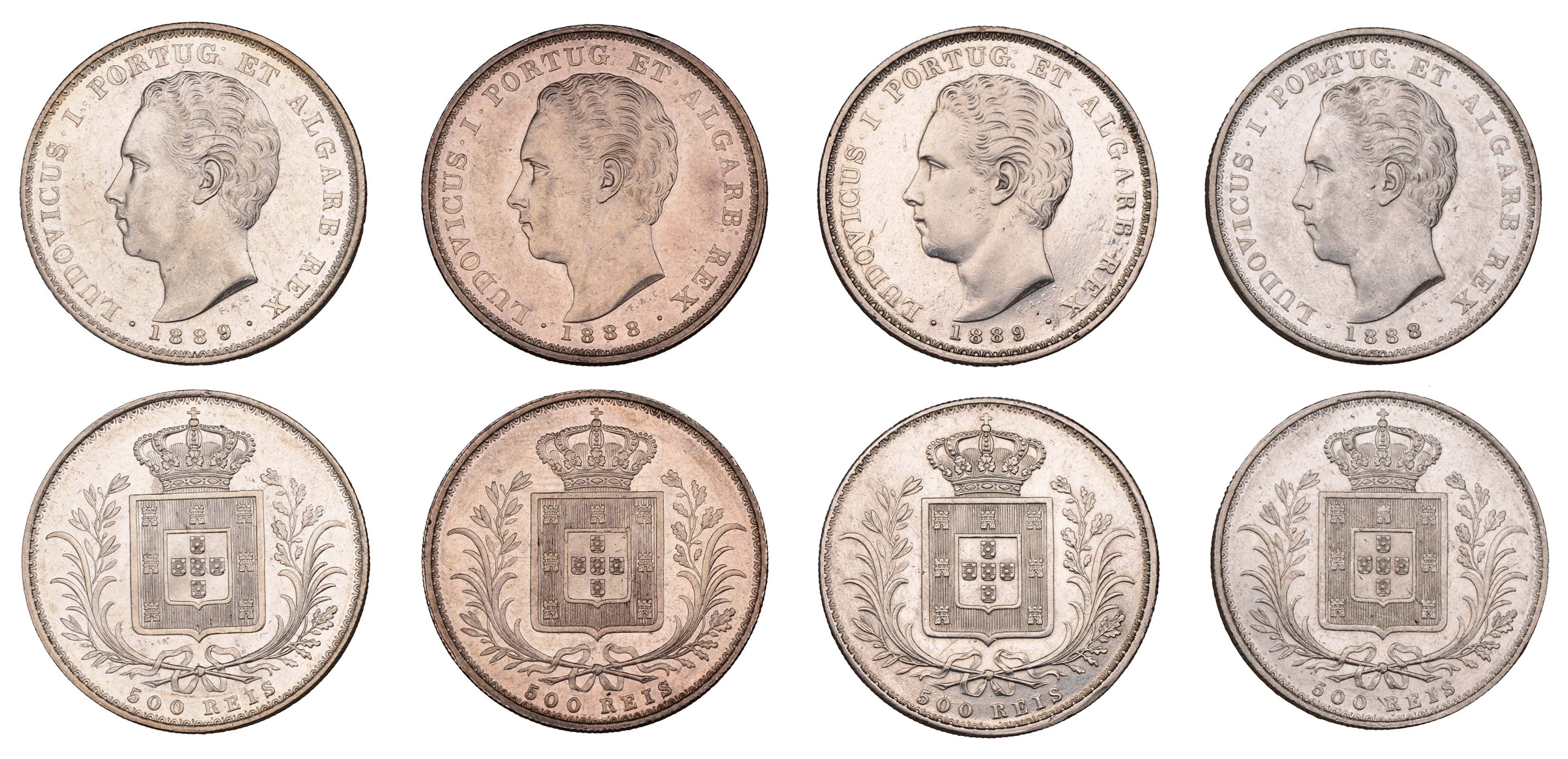 Portugal, Luis I, 500 Reis (4), 1888 (2), 1889 (2), all Lisbon (KM