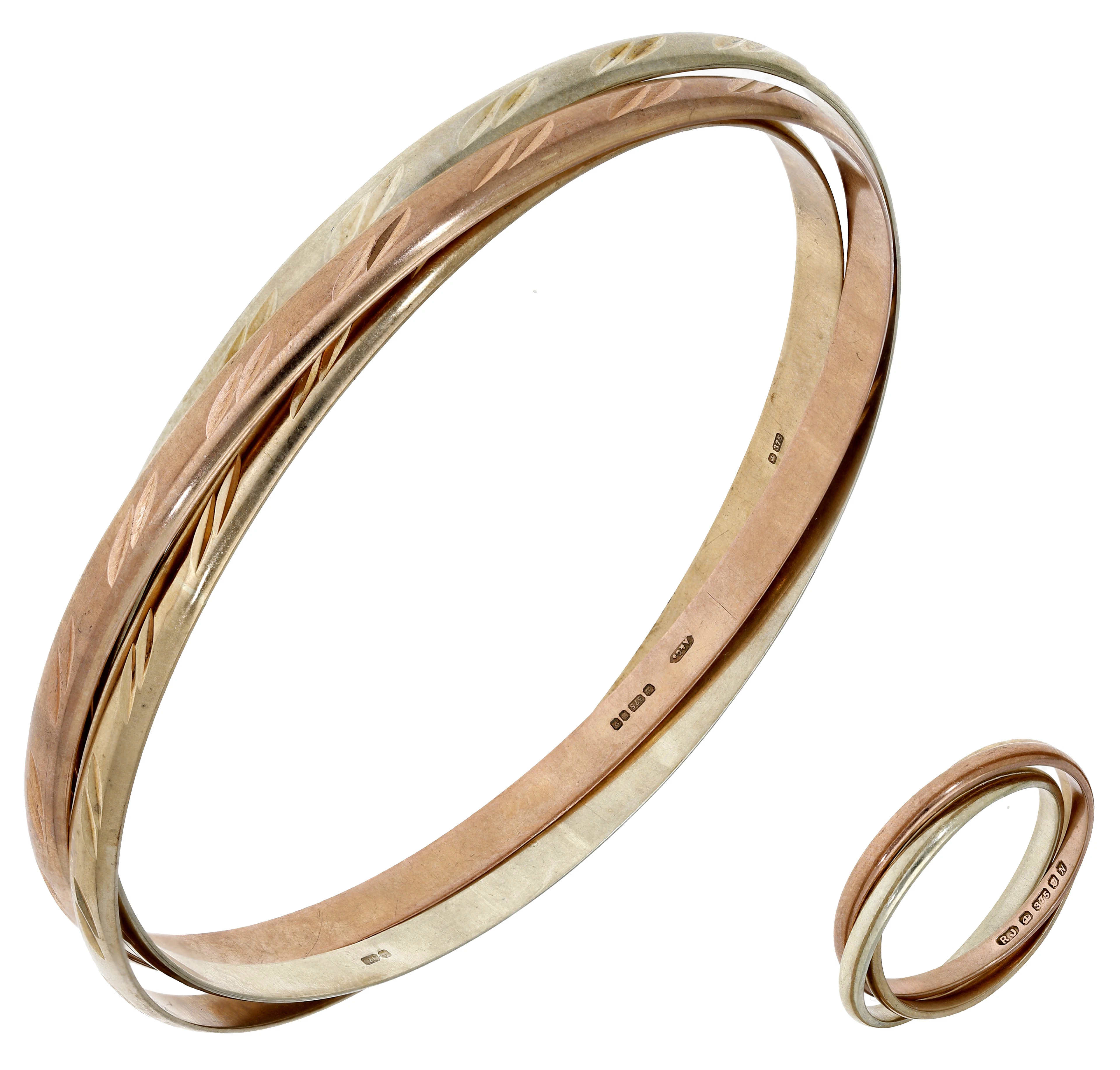 A 9ct gold trinity bangle and ring, both of tricolour design, the