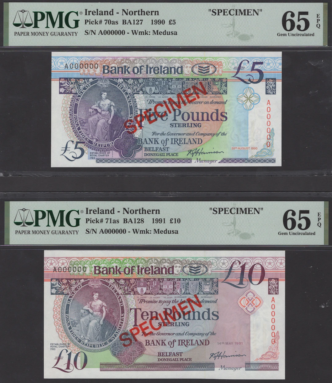 Bank of Ireland, specimen £5, 28 August 1990, and specimen £10, 14
