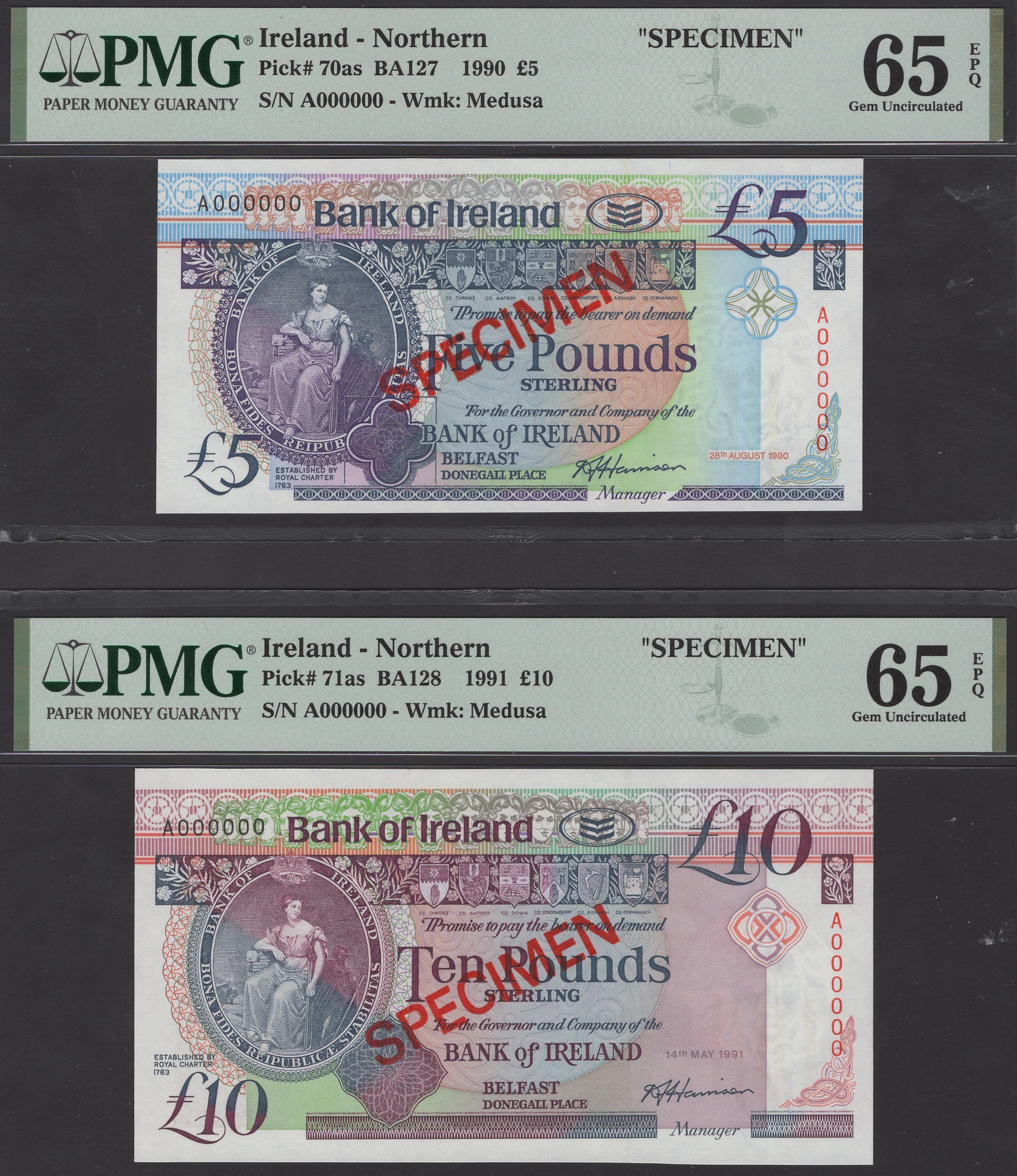 Bank of Ireland, specimen £5, 28 August 1990, and specimen £10, 14