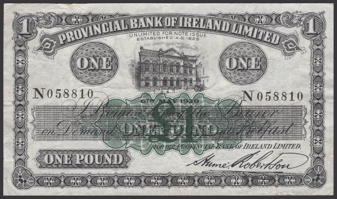 Provincial Bank of Ireland Ltd, £1, 6 May 1929, serial number N058810