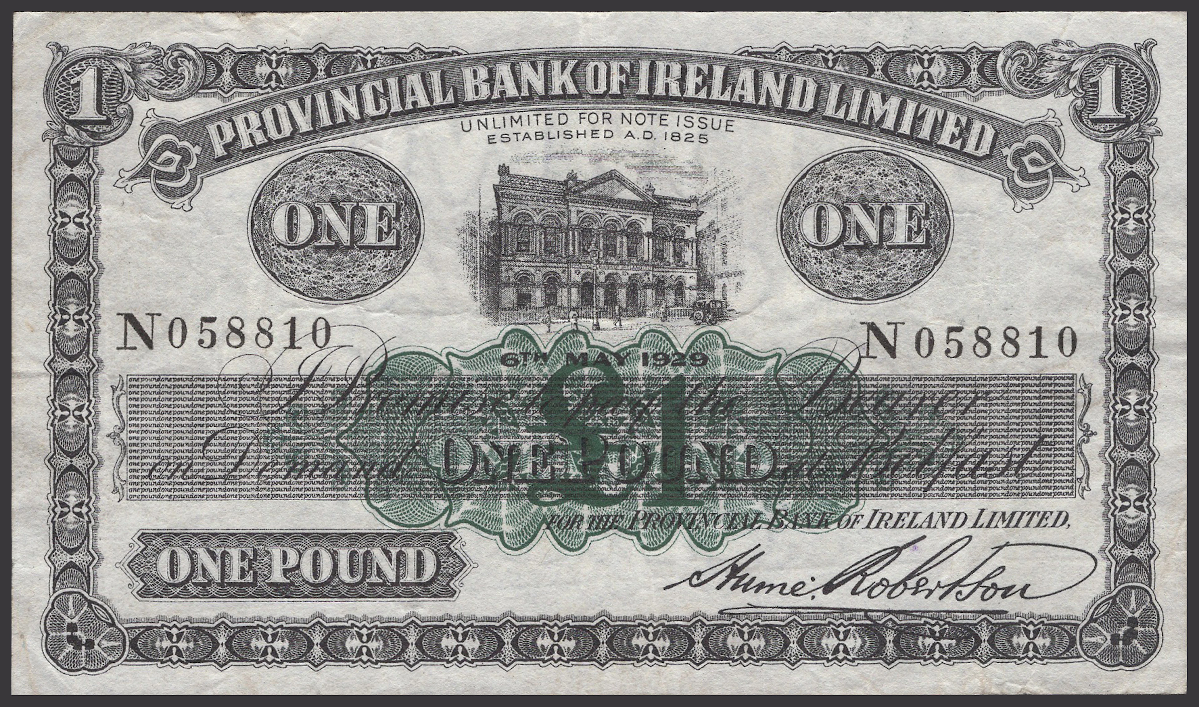 Provincial Bank of Ireland Ltd, £1, 6 May 1929, serial number N058810