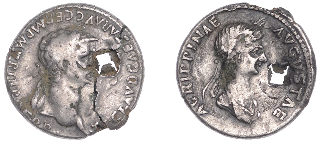 Claudius and Agrippina Minor, fourrée Denarius, c. after 50-54, diademed