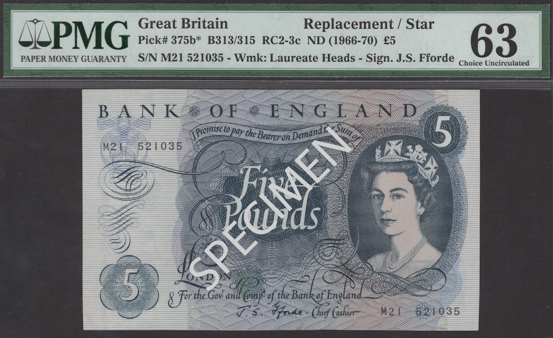 Bank of England, John S. Fforde, replacement £5, 9 January 1967, serial