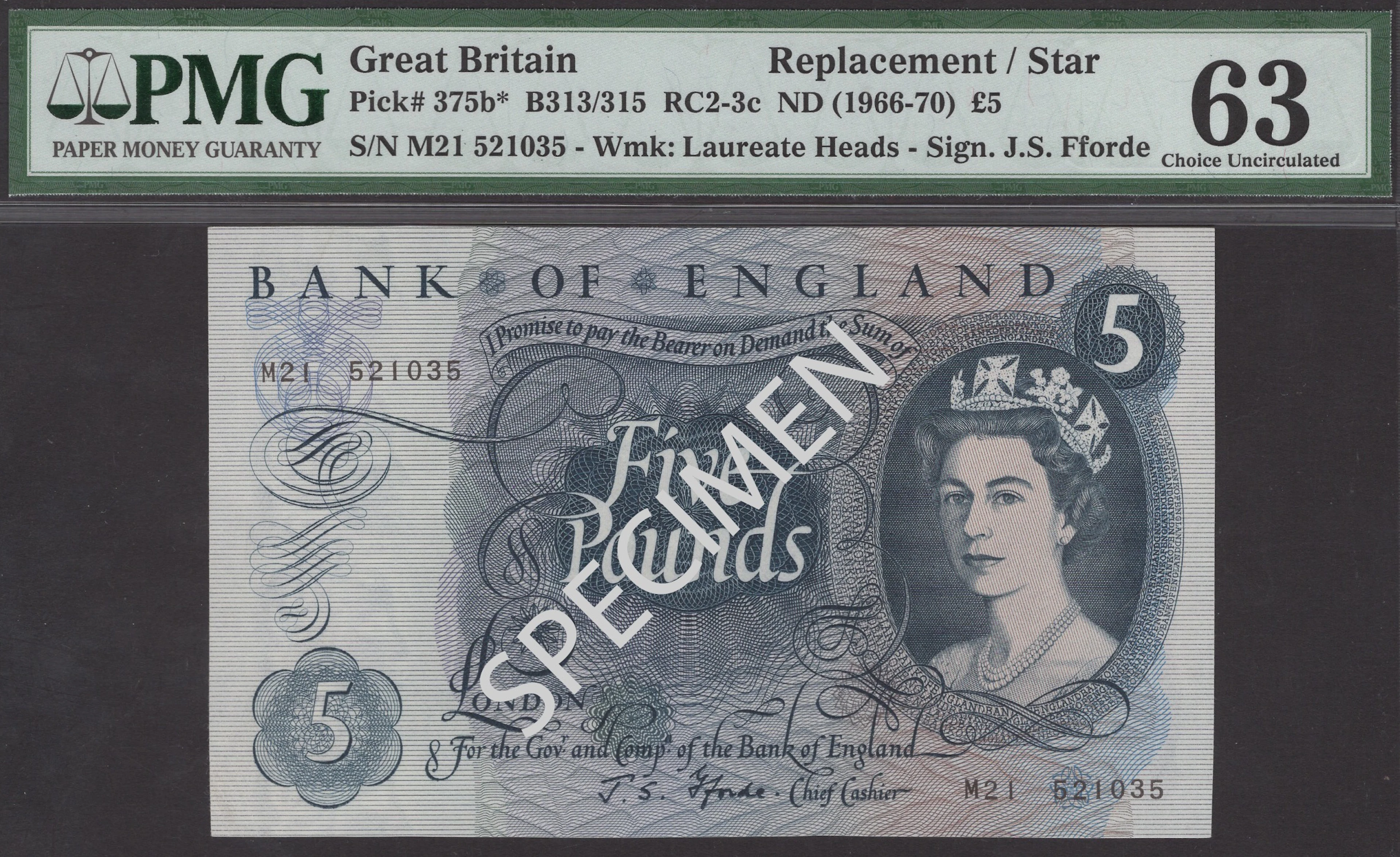 Bank of England, John S. Fforde, replacement £5, 9 January 1967, serial