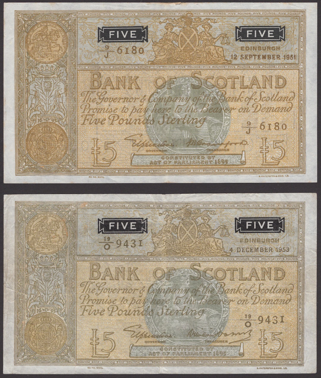 Bank of Scotland, £5 (2), 12 September 1951, serial number 9/J 6180
