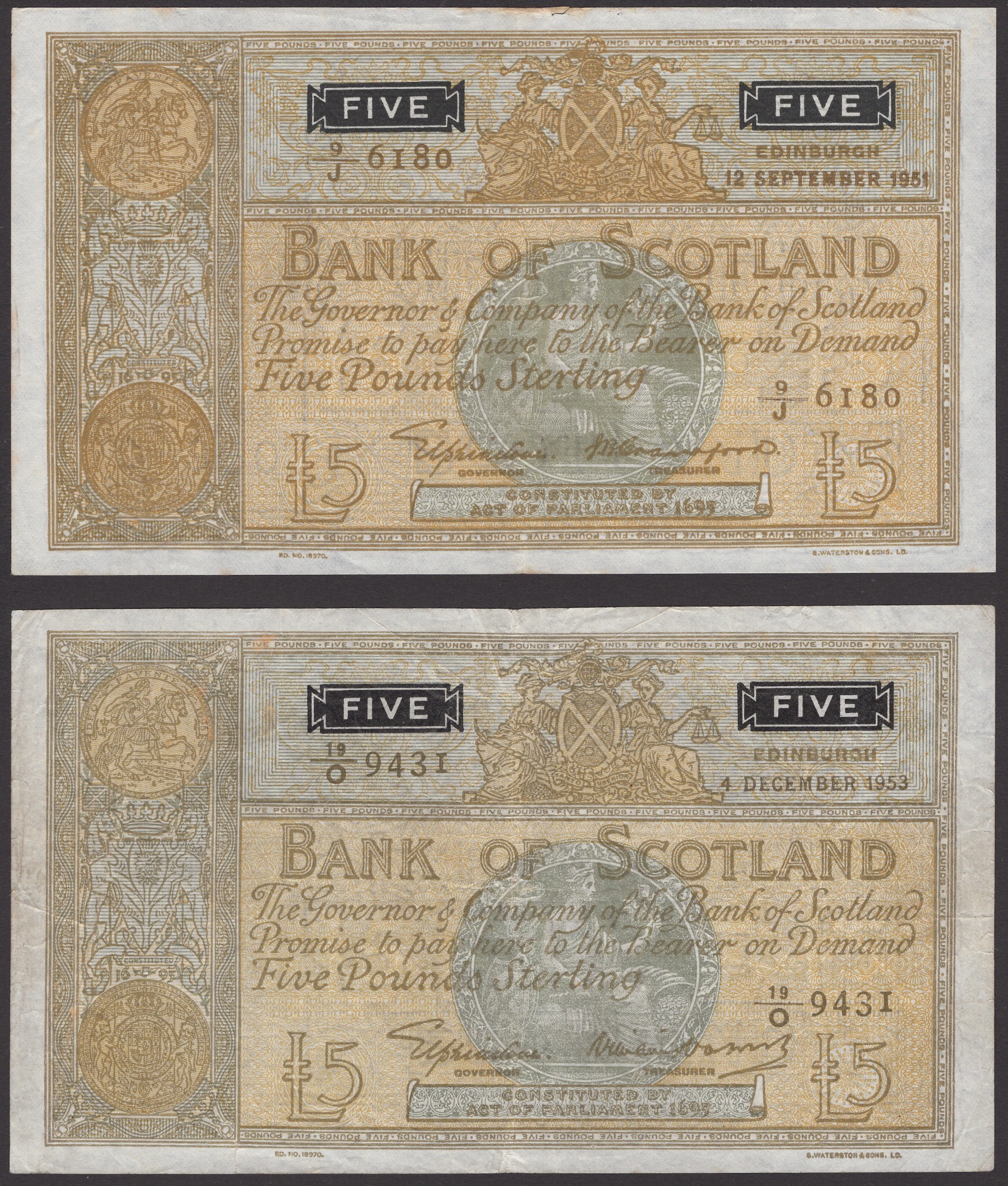 Bank of Scotland, £5 (2), 12 September 1951, serial number 9/J 6180