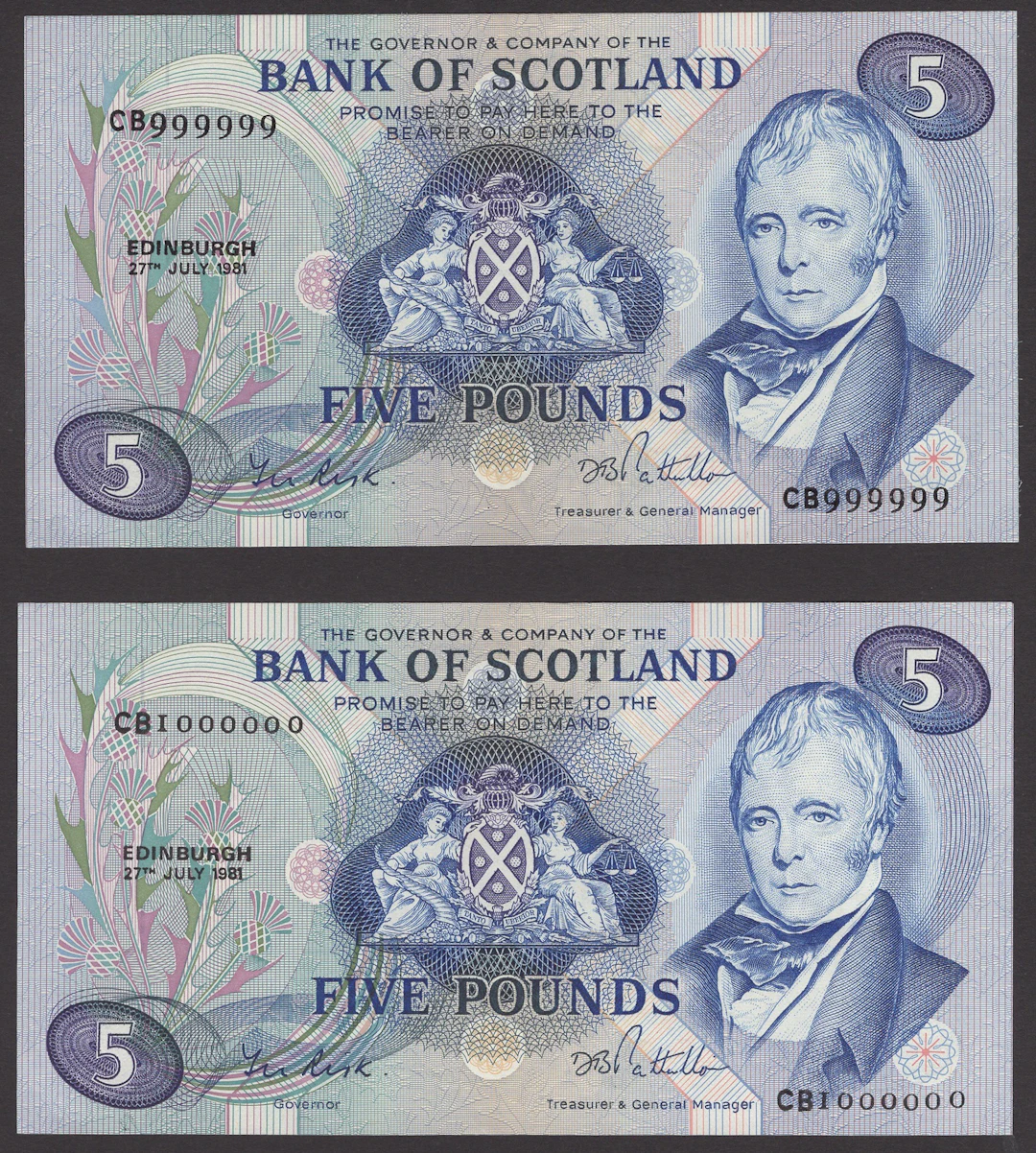 Bank of Scotland, £5 (2), 27 July 1981, consecutive serial numbers