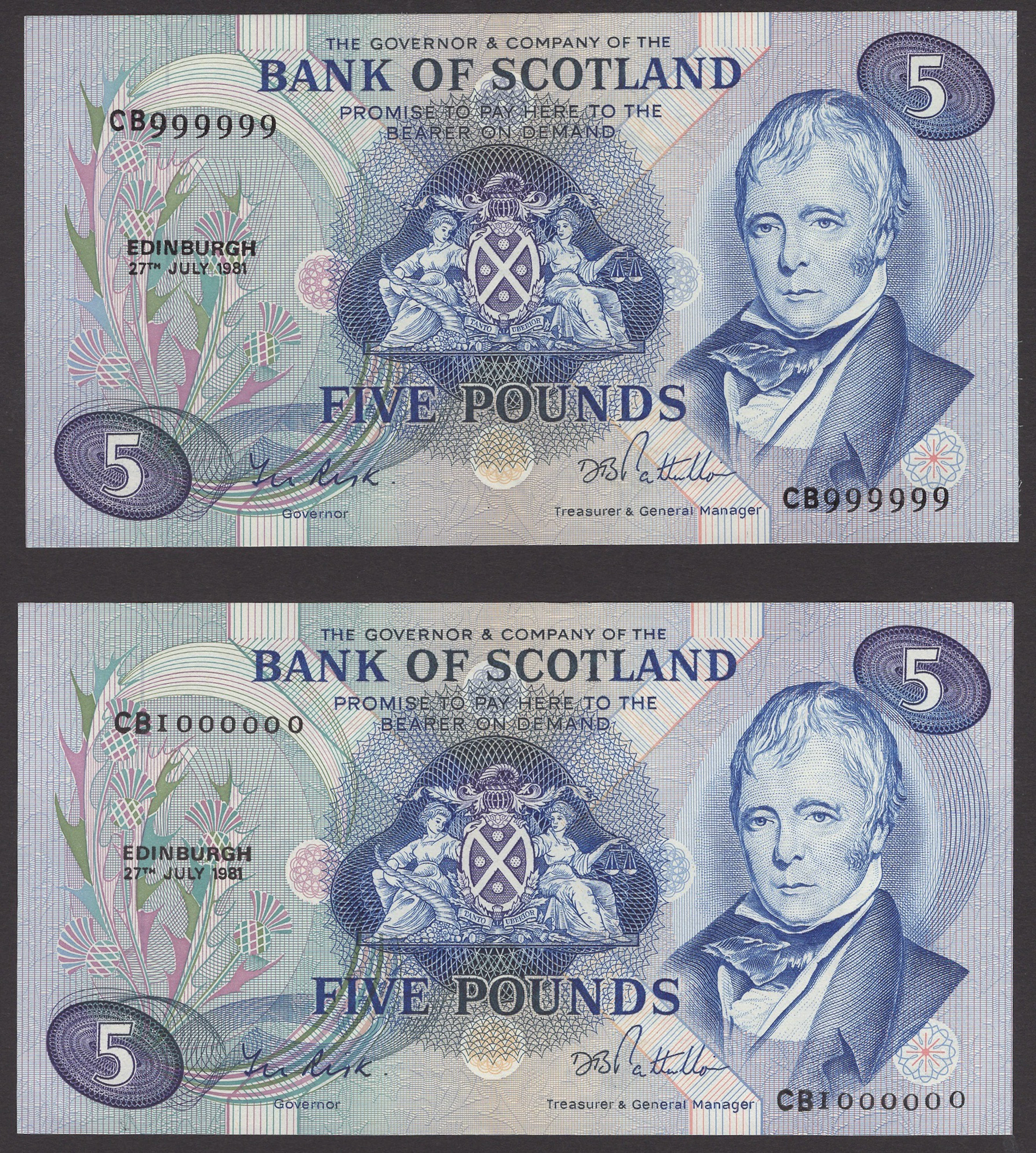 Bank of Scotland, £5 (2), 27 July 1981, consecutive serial numbers