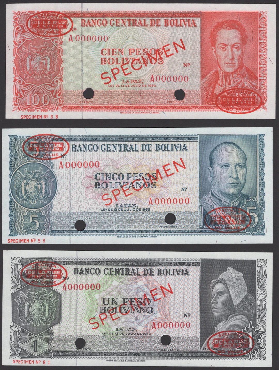 Banco Central de Bolivia, specimen 1 Peso Boliviano = 1000 Bolivianos