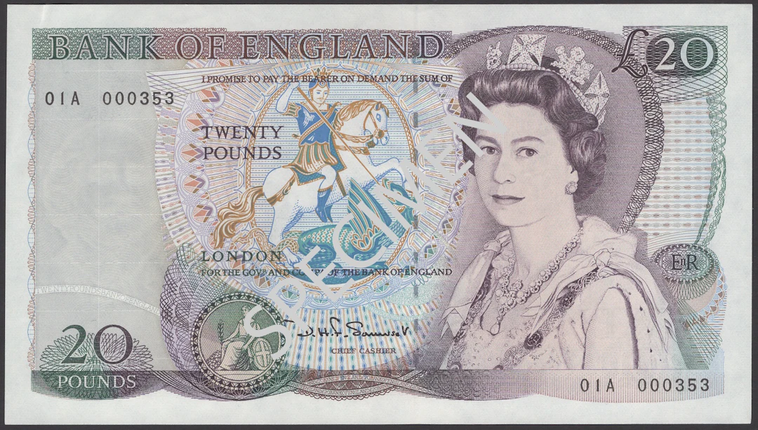 Bank of England, David H. F. Somerset, £20, 15 November 1984, serial