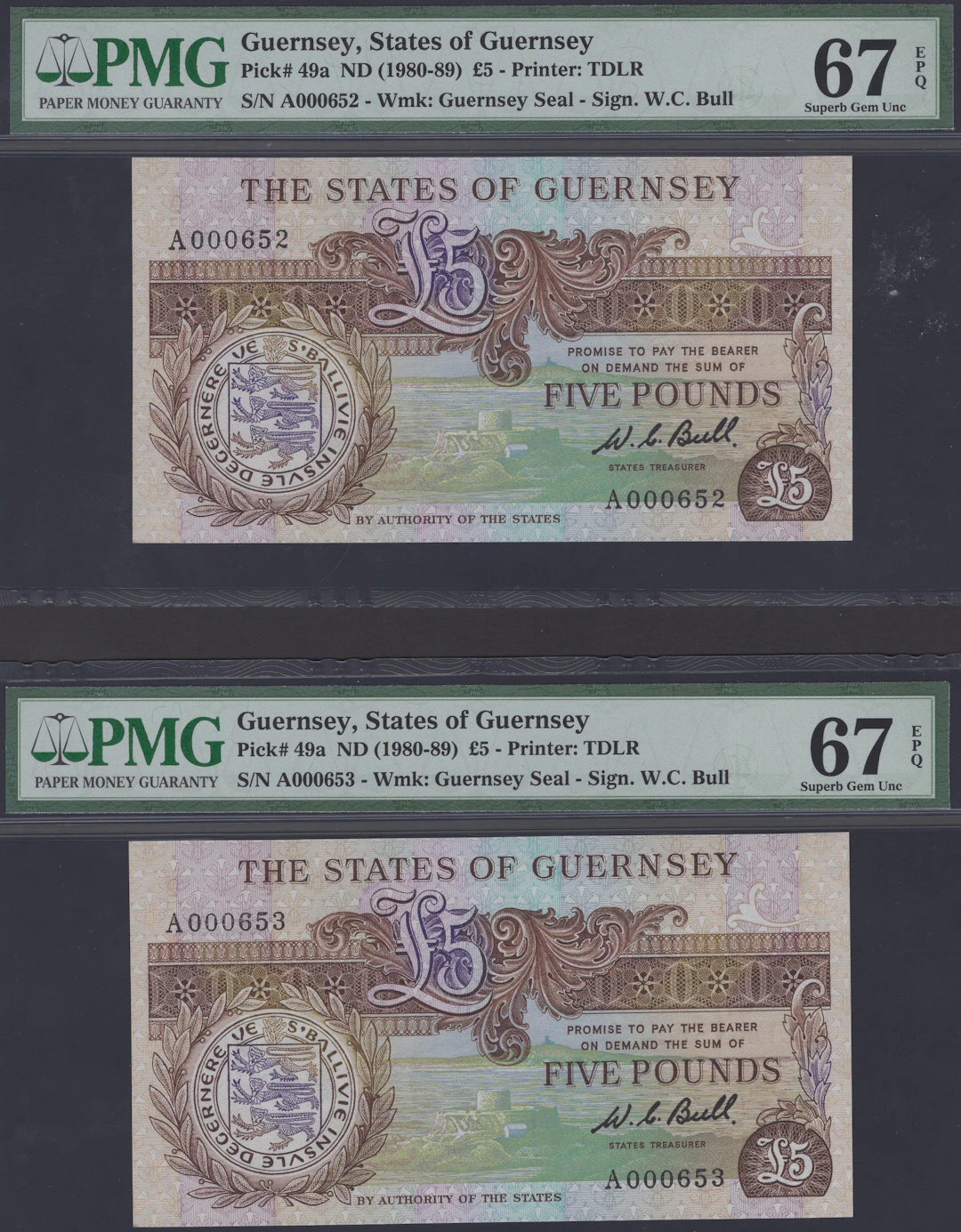 States of Guernsey, a consecutive pair of £5, ND (1980-89), serial