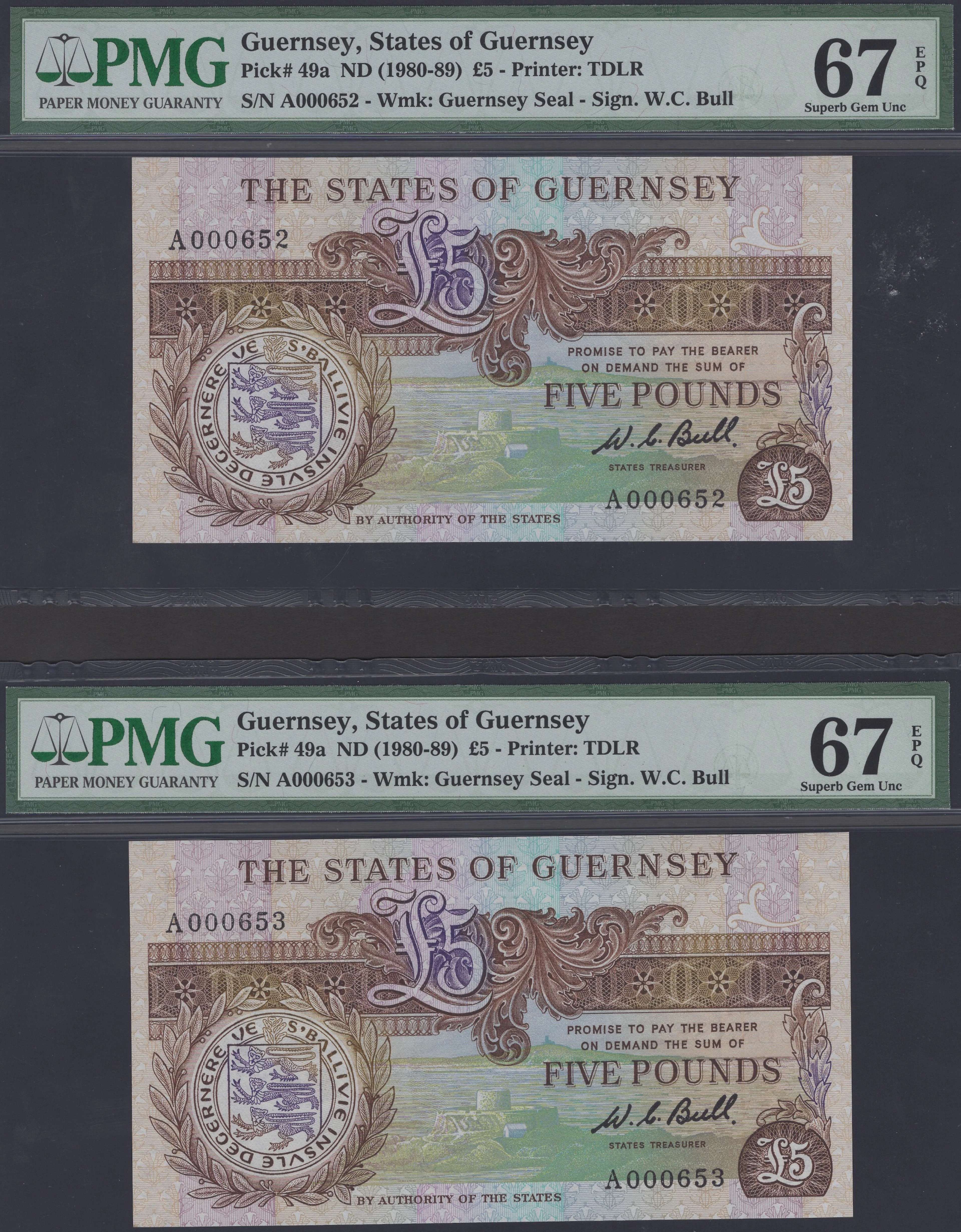 States of Guernsey, a consecutive pair of £5, ND (1980-89), serial