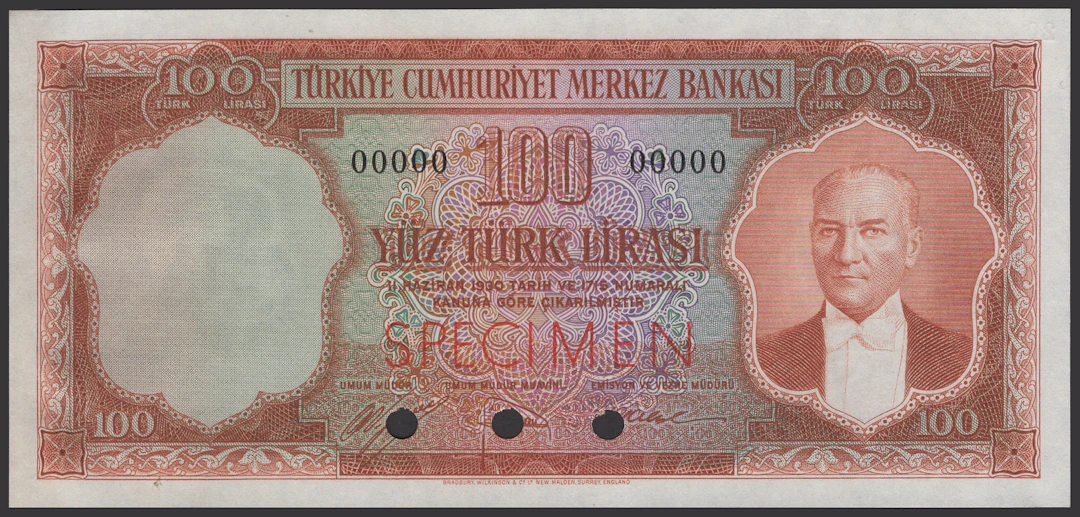 Central Bank of Turkey, colour trial 100 Turk Lirasi, 1930 (1952)