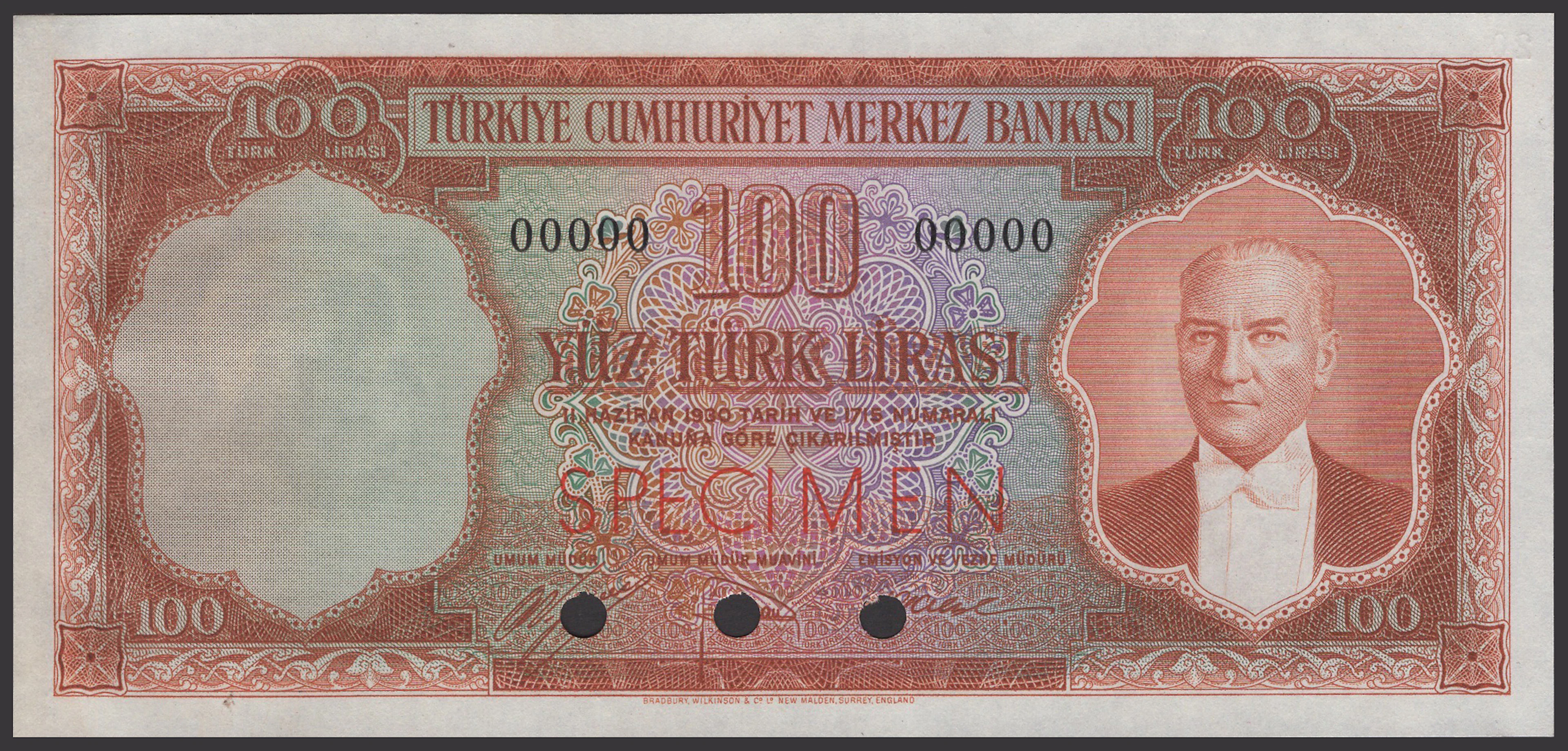 Central Bank of Turkey, colour trial 100 Turk Lirasi, 1930 (1952)