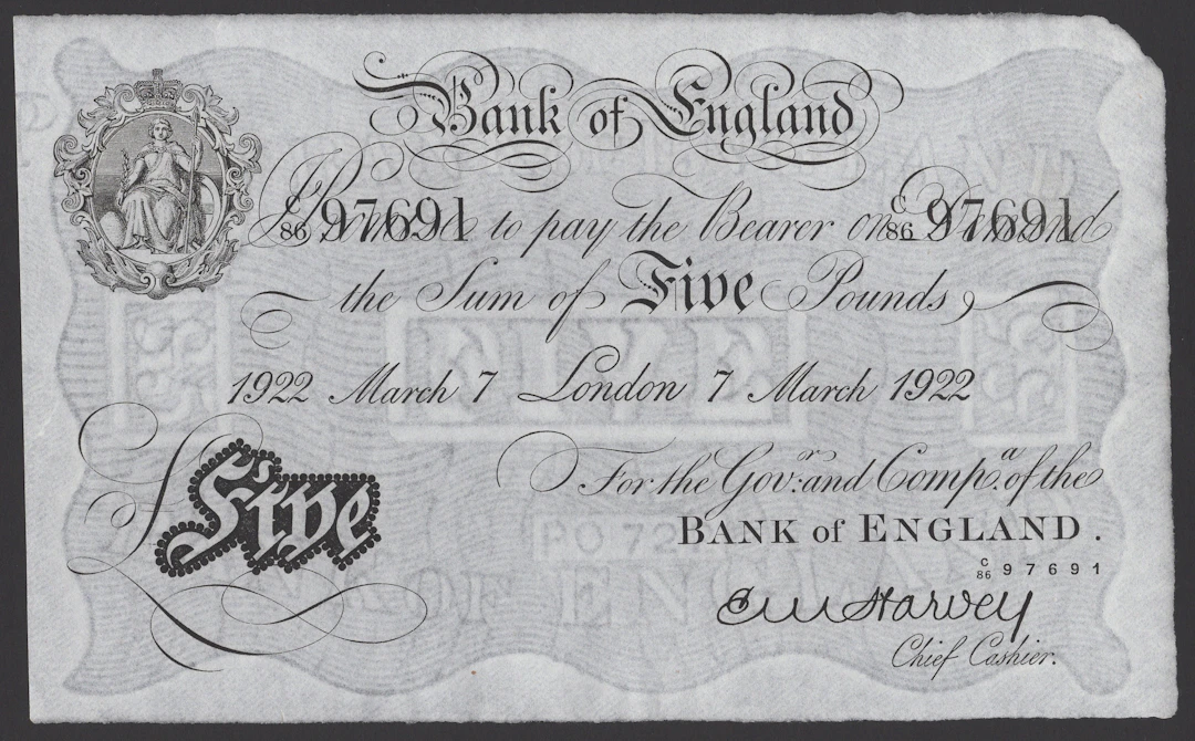 Bank of England, Ernest M. Harvey, £5, London, 7 March 1922, serial