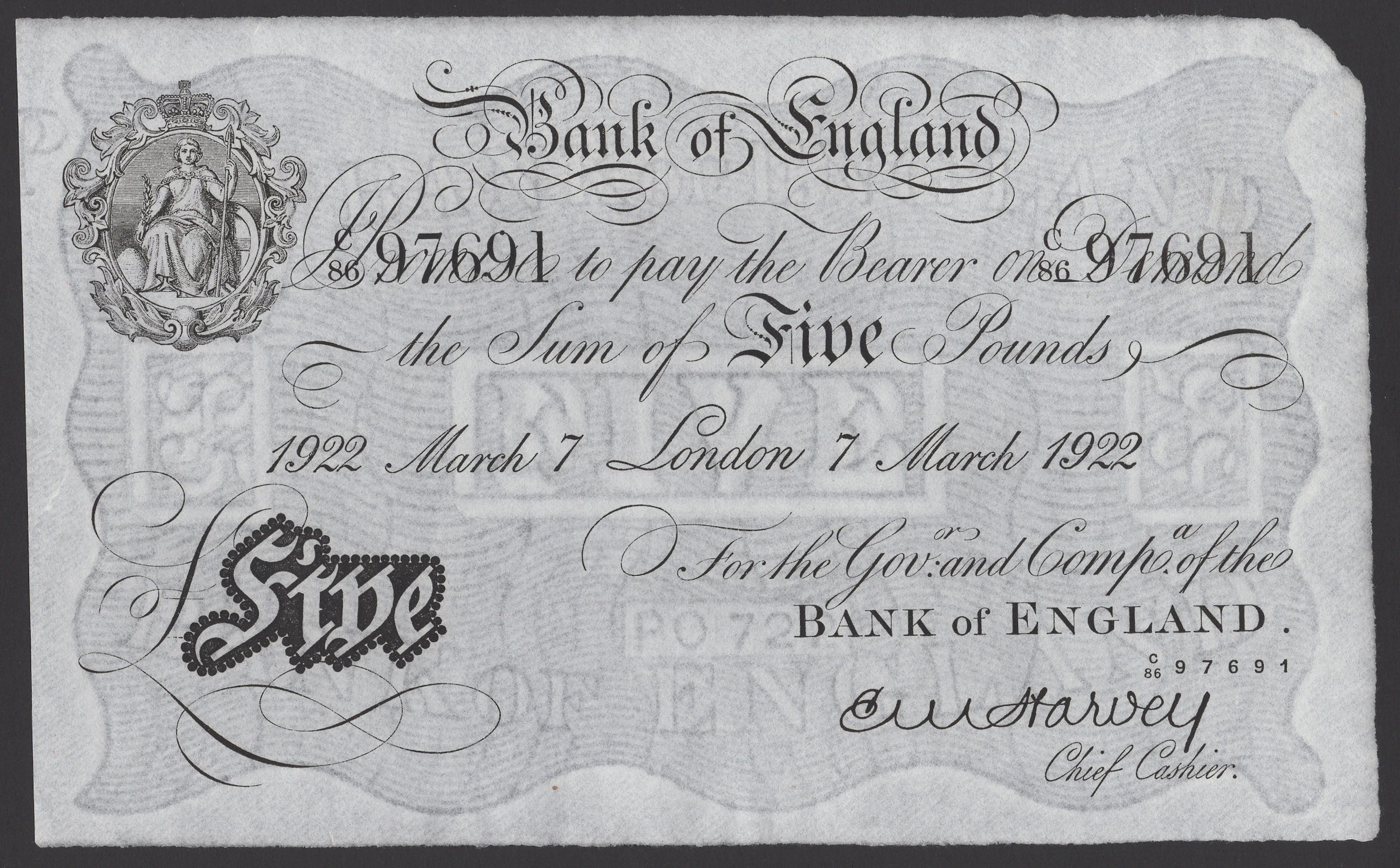 Bank of England, Ernest M. Harvey, £5, London, 7 March 1922, serial