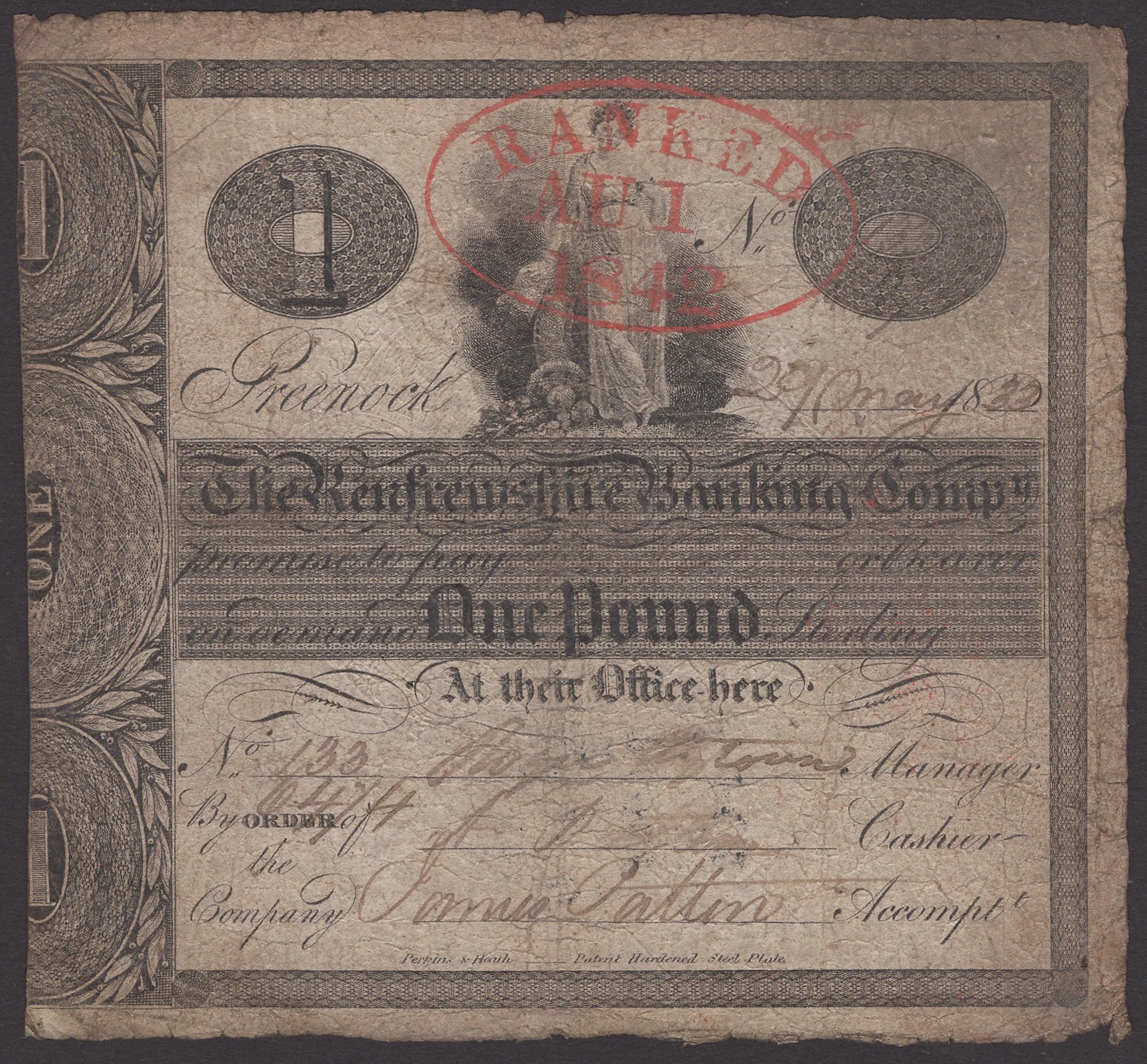 Renfrewshire Banking Company, £1, Greenock, 29 May 1833, serial number