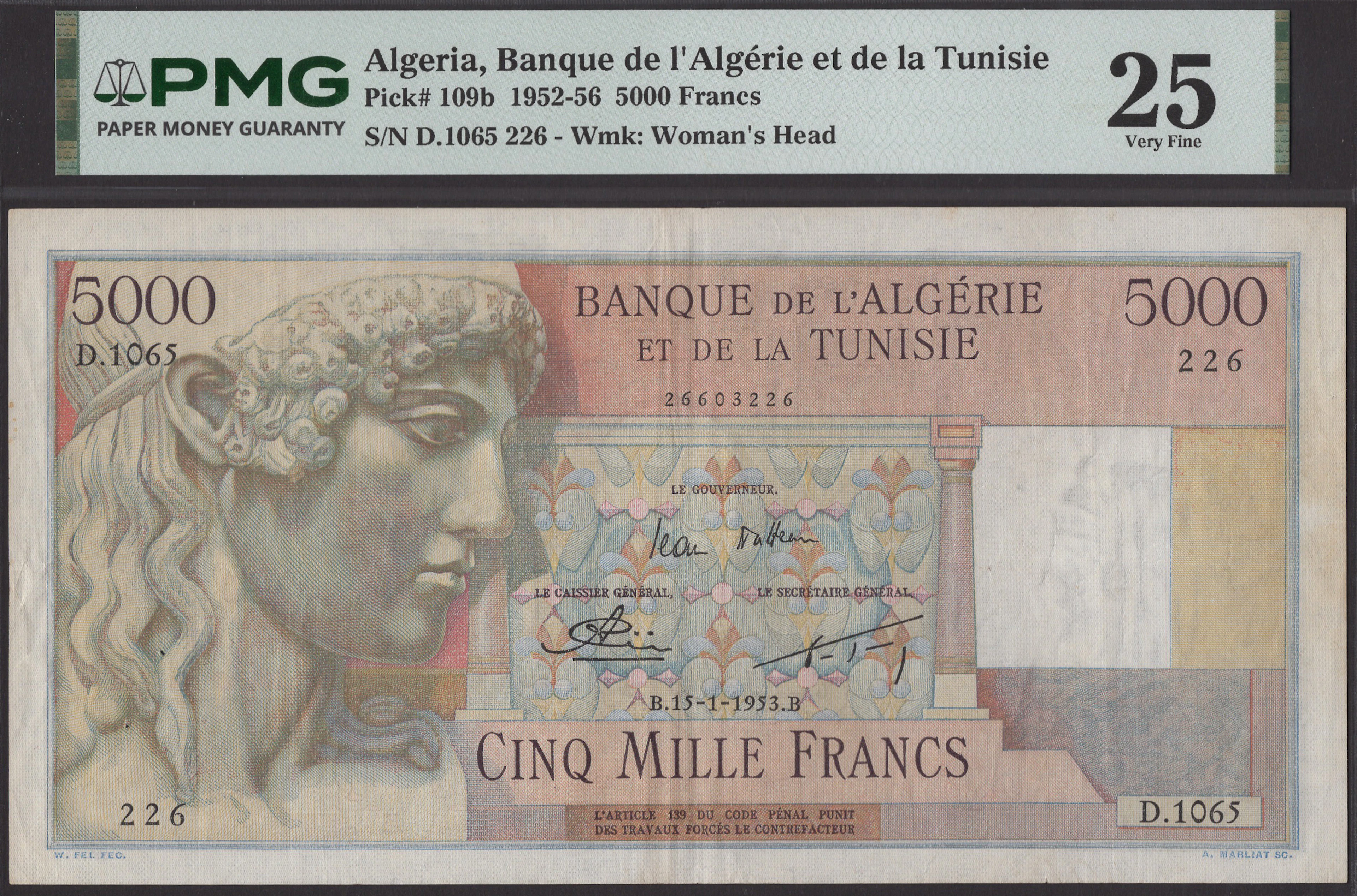 Banque de l’Algerie et de la Tunisie, 5000 Francs, 15 January 1953