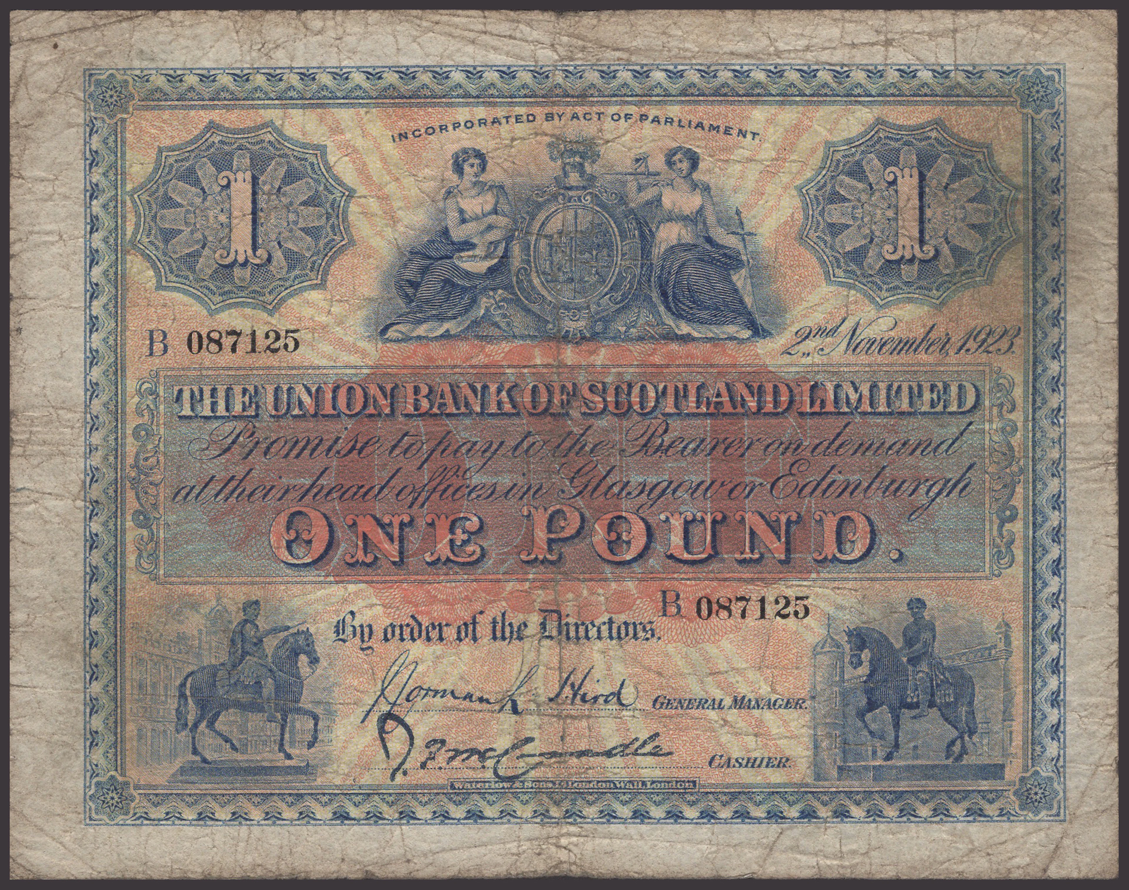 Union Bank of Scotland, £1, 2 November 1923, serial number B087125