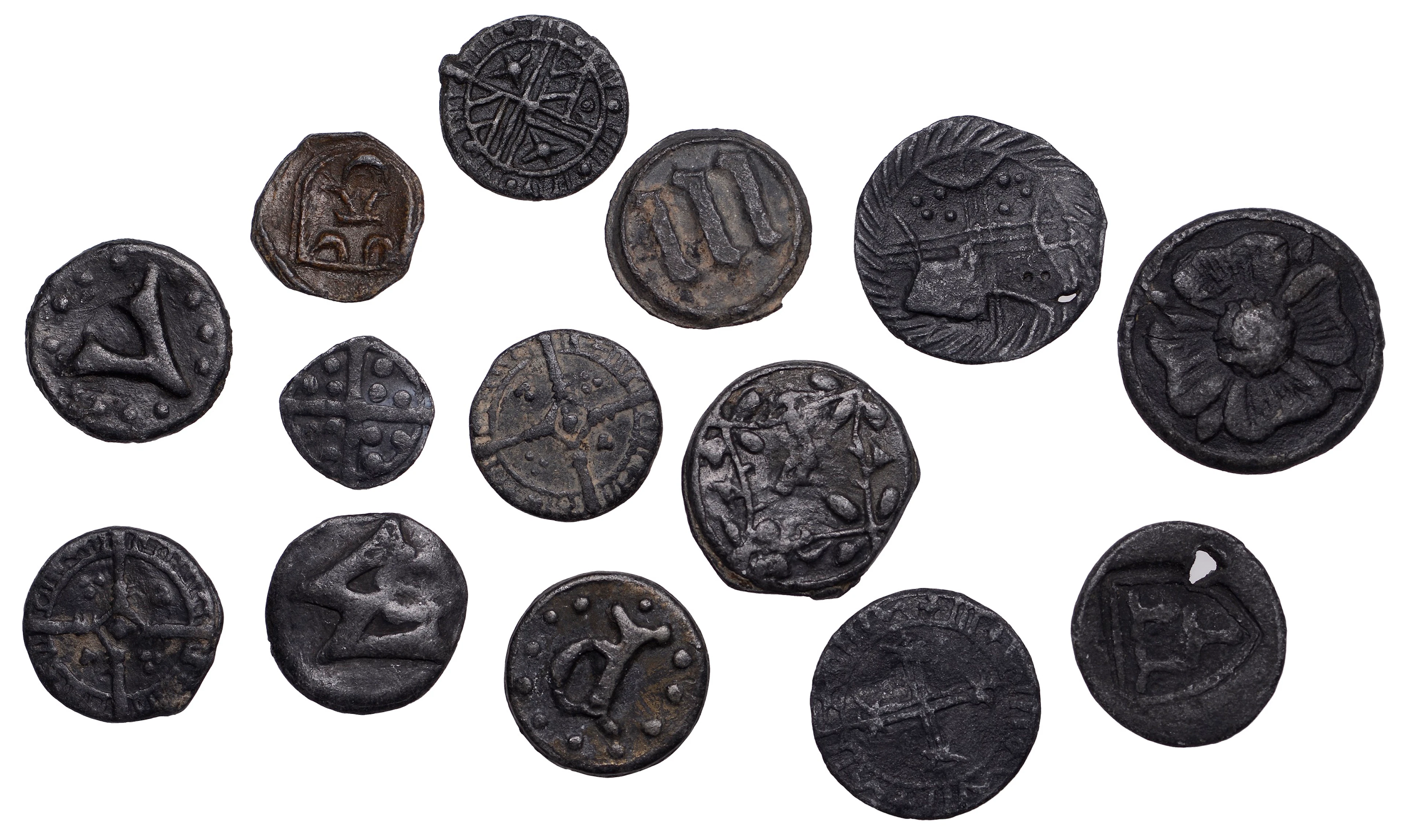 Tudor period, pewter tokens (14), varied sizes and styles, several