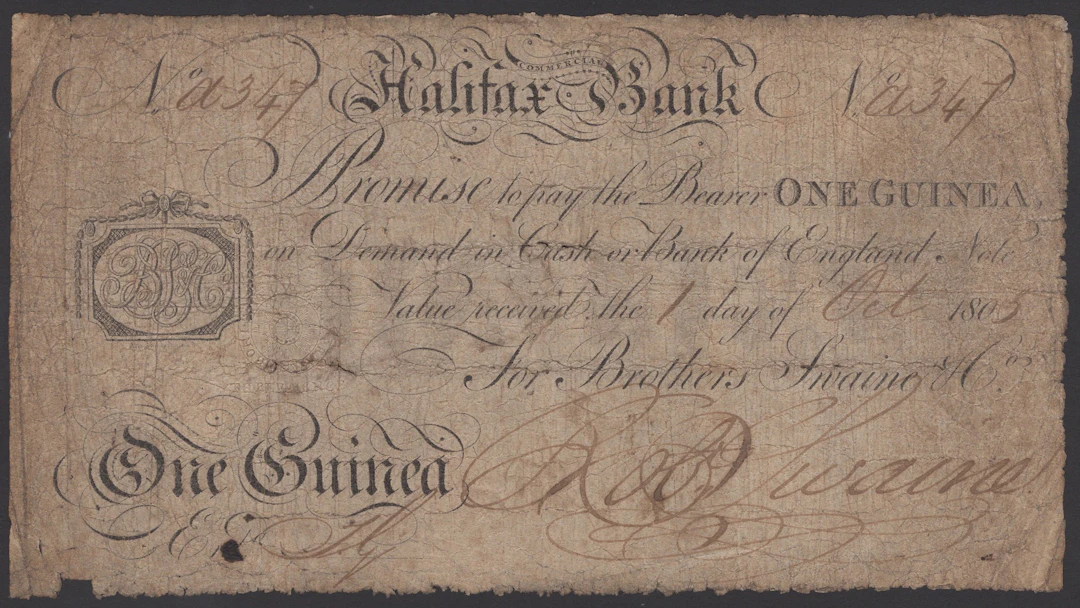Halifax Commercial Bank, for Brothers Swaine & Co., 1 Guinea, 1 October