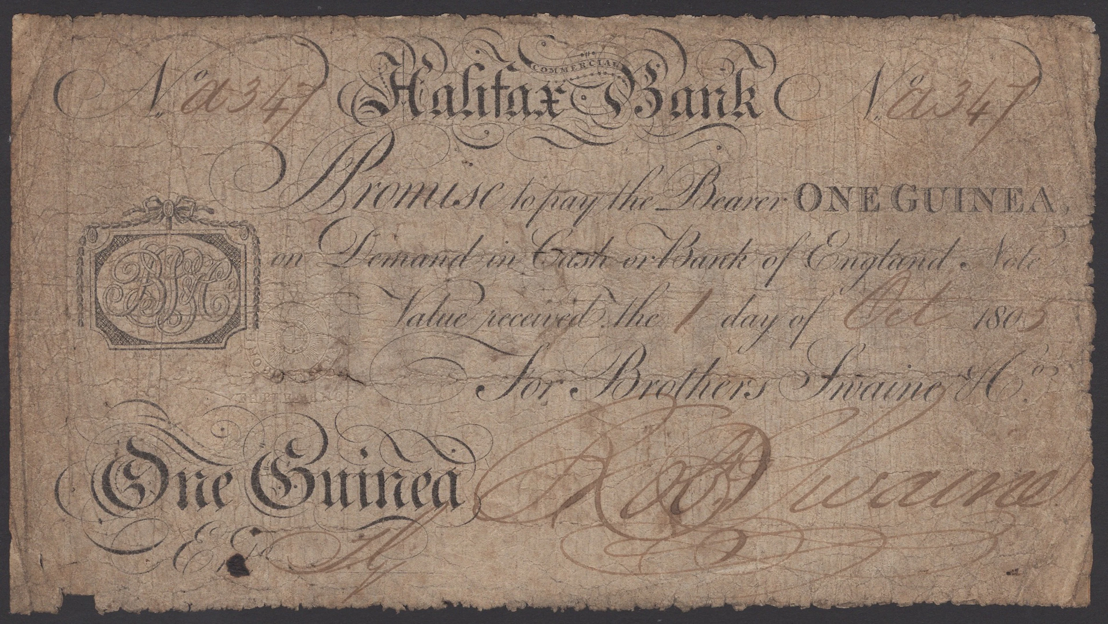 Halifax Commercial Bank, for Brothers Swaine & Co., 1 Guinea, 1 October