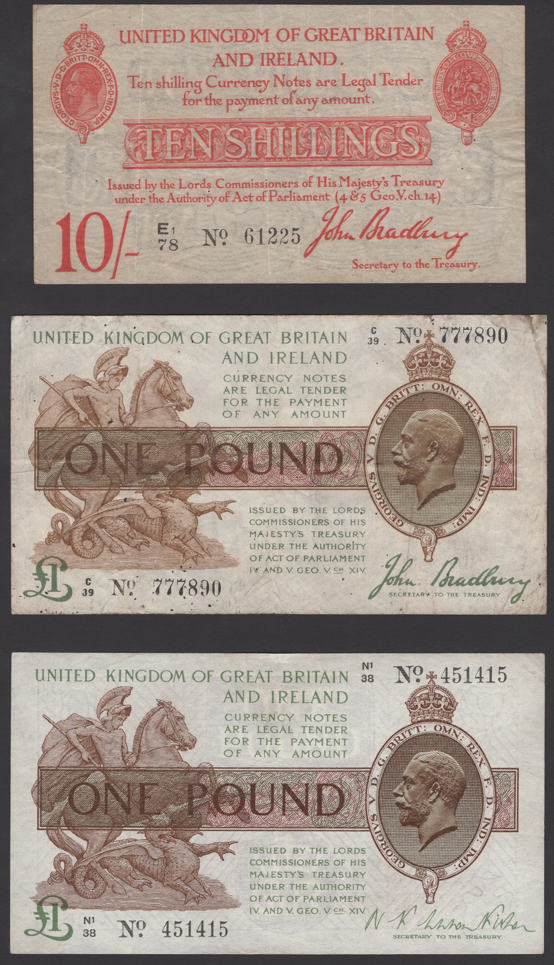 Treasury Series, John Bradbury, 10 Shillings, 21 January 1915, serial