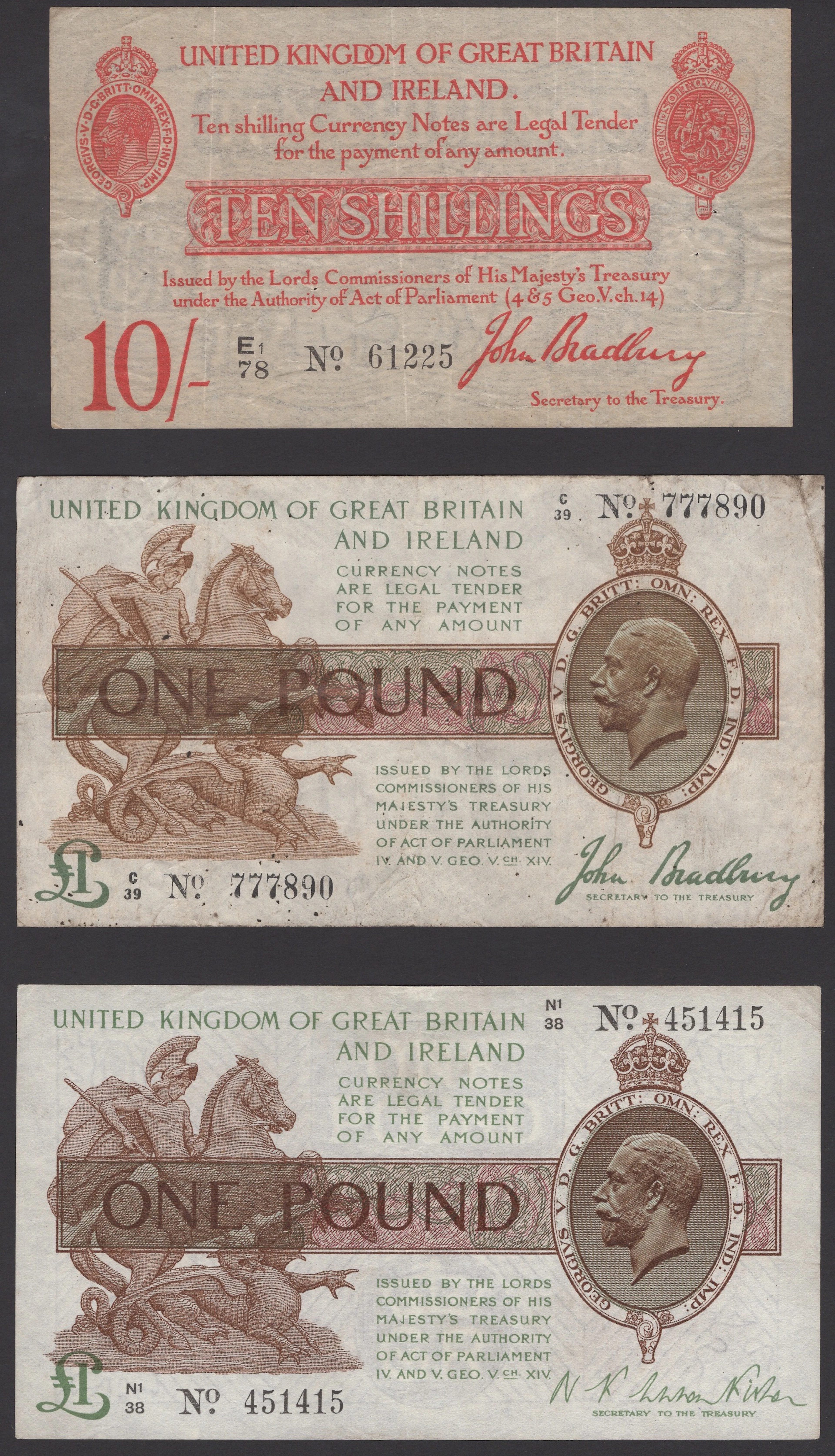 Treasury Series, John Bradbury, 10 Shillings, 21 January 1915, serial