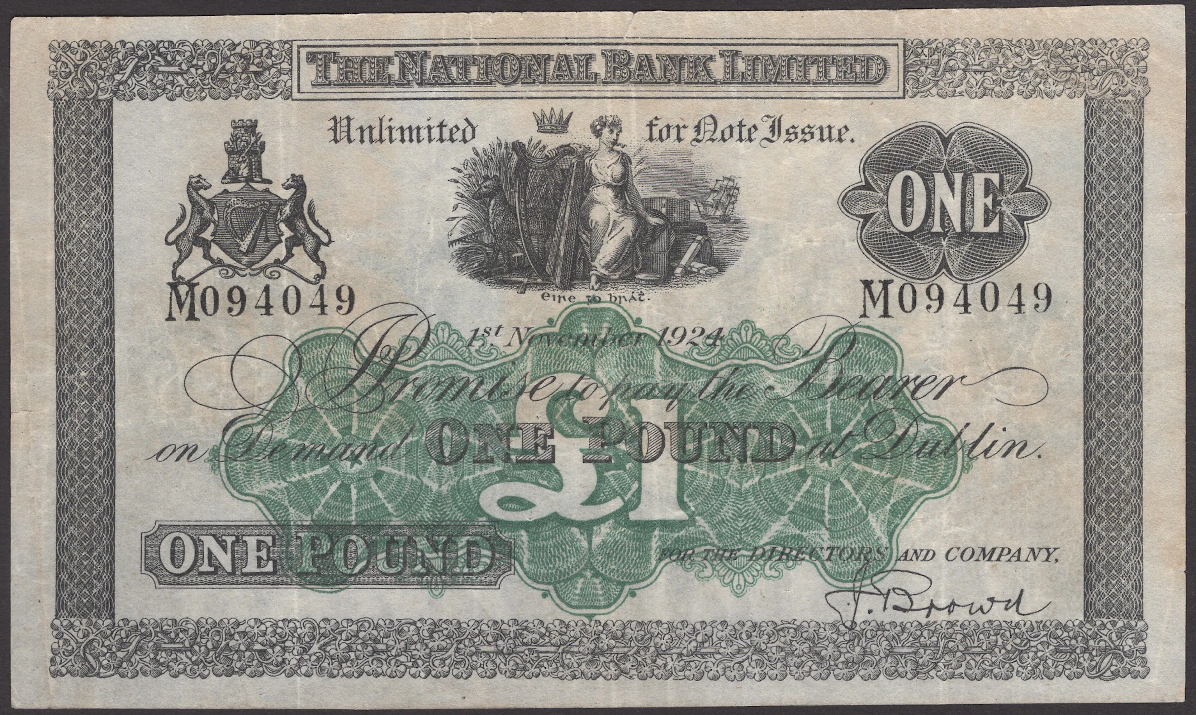 The National Bank Limited, £1, 1 November 1924, serial number M094049