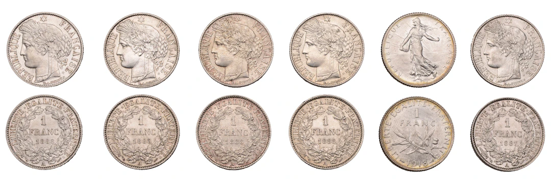 France, Third Republic, Franc (6), 1887a, 1888a (4), 1918, Paris (KM