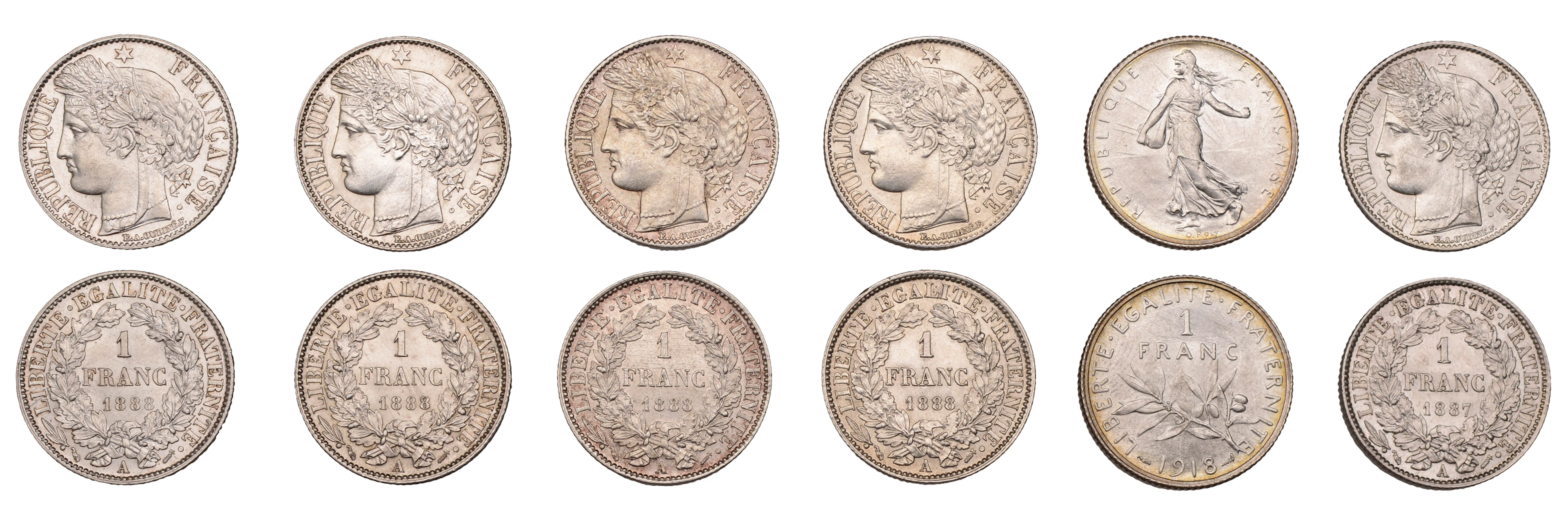 France, Third Republic, Franc (6), 1887a, 1888a (4), 1918, Paris (KM