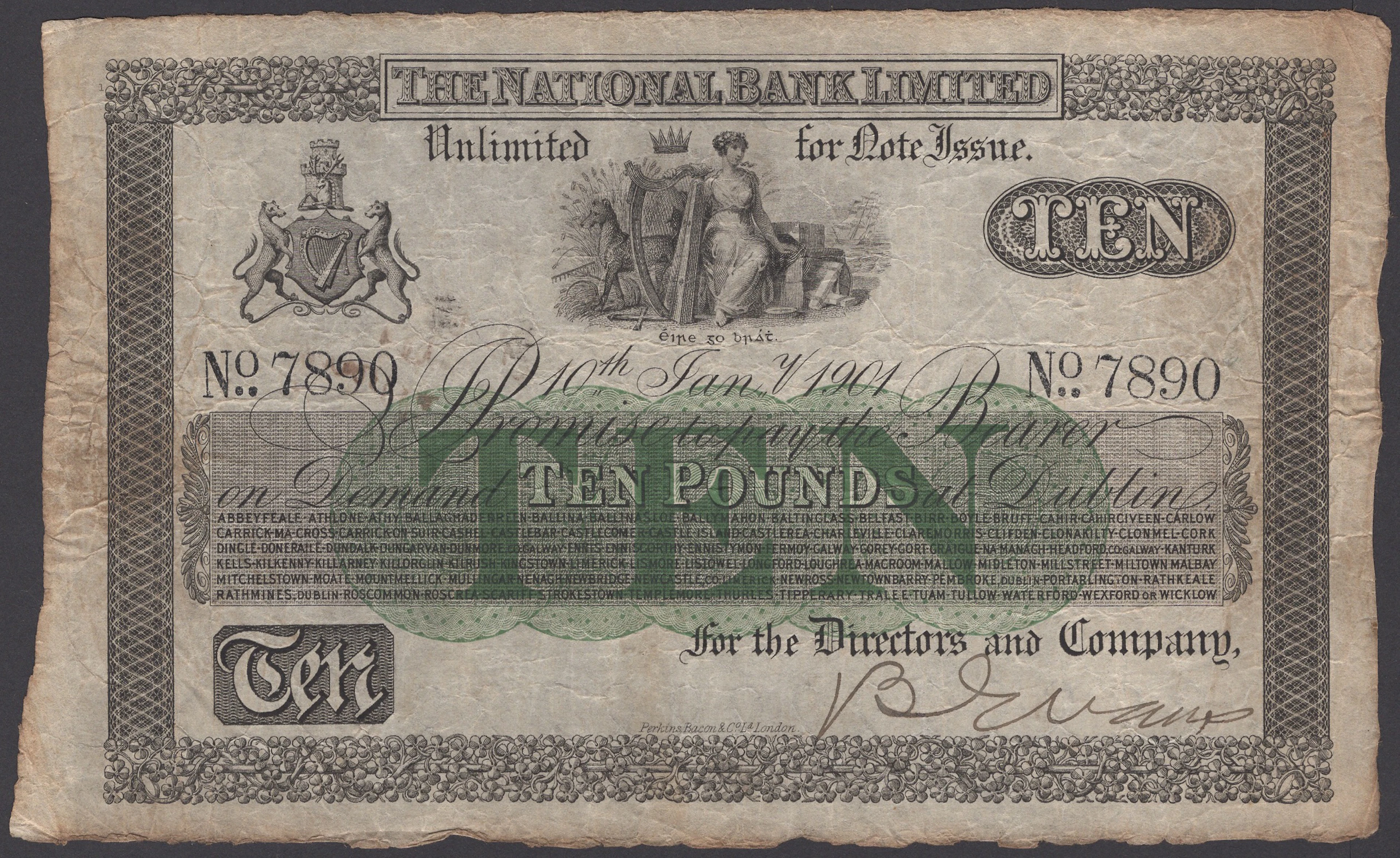 National Bank Limited, £10, 10 January 1901, serial number 7890, signature
