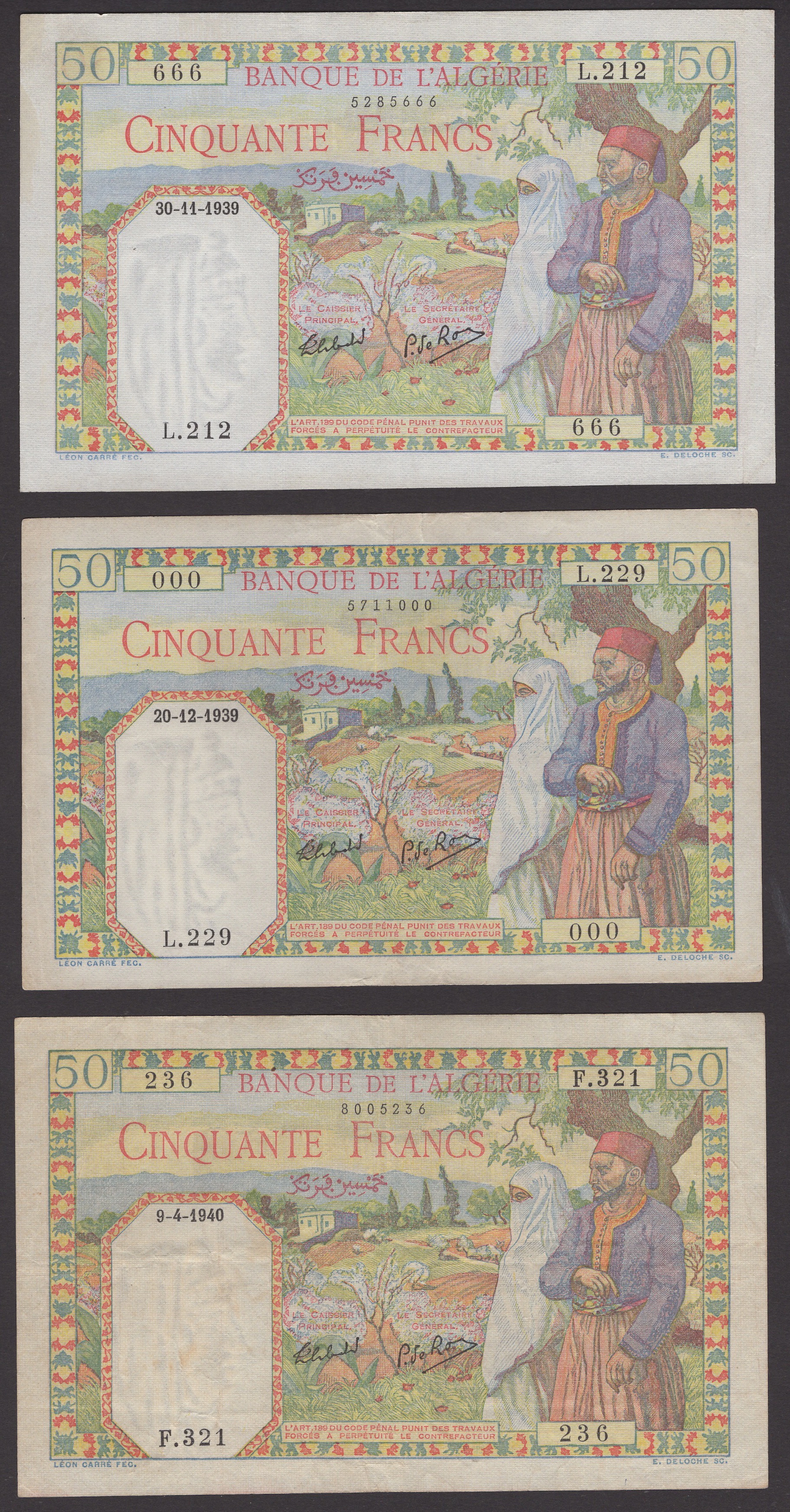 Banque de l’Algerie, 50 Francs (5), 30 November 1939, 20 December