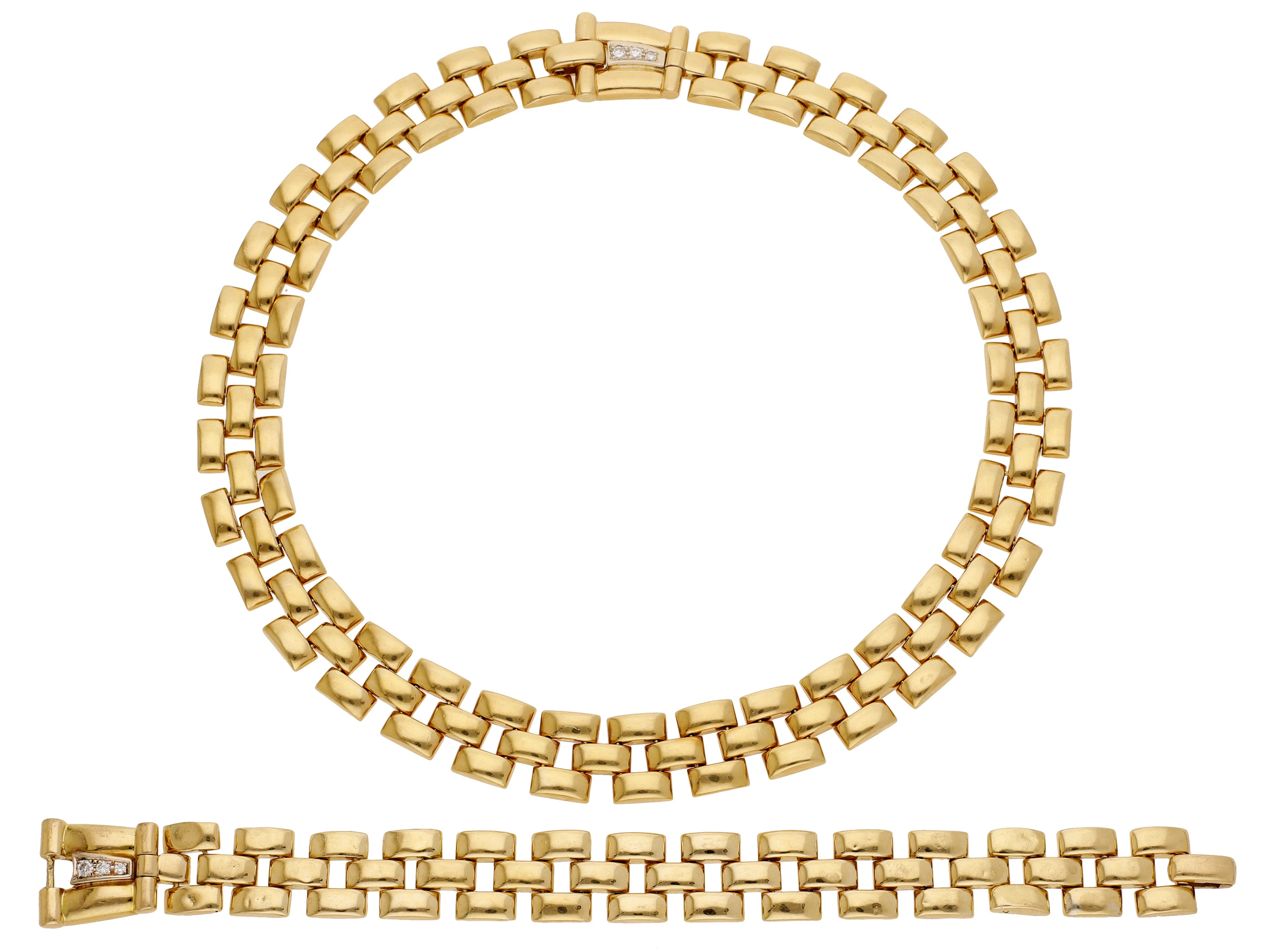 A diamond necklace and bracelet suite by UnoAErre, the polished brick-link
