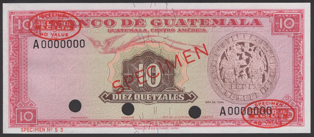 Banco de Guatemala, specimen 10 Quetzales, ND (1965-68), serial number
