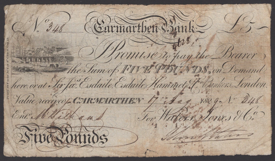 Carmarthen Bank, for Waters, Jones & Co, £5, 17 August 1829, serial